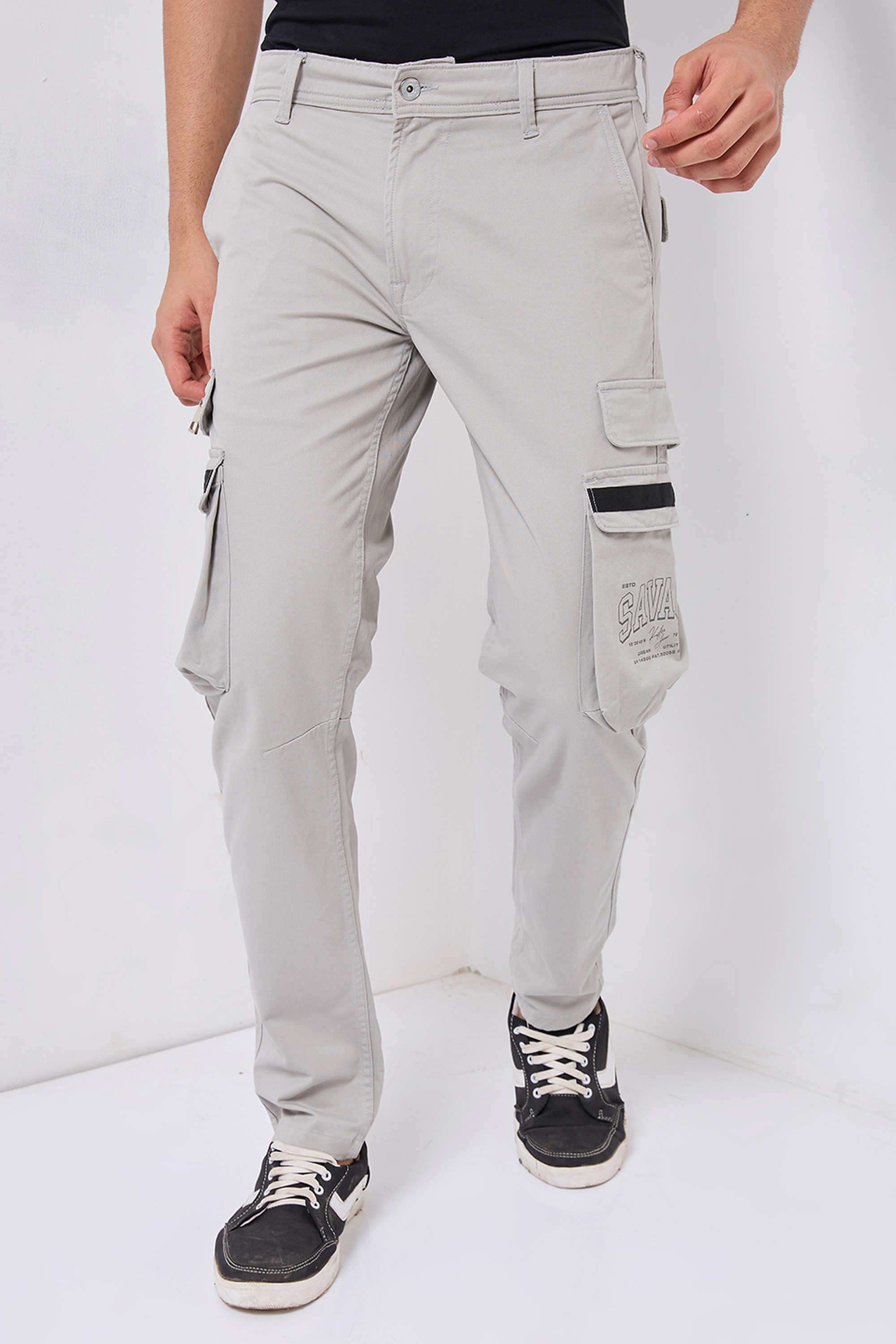 Solid-Cotton-Blend-Tapered-Fit-Men-s-Casual-Trousers