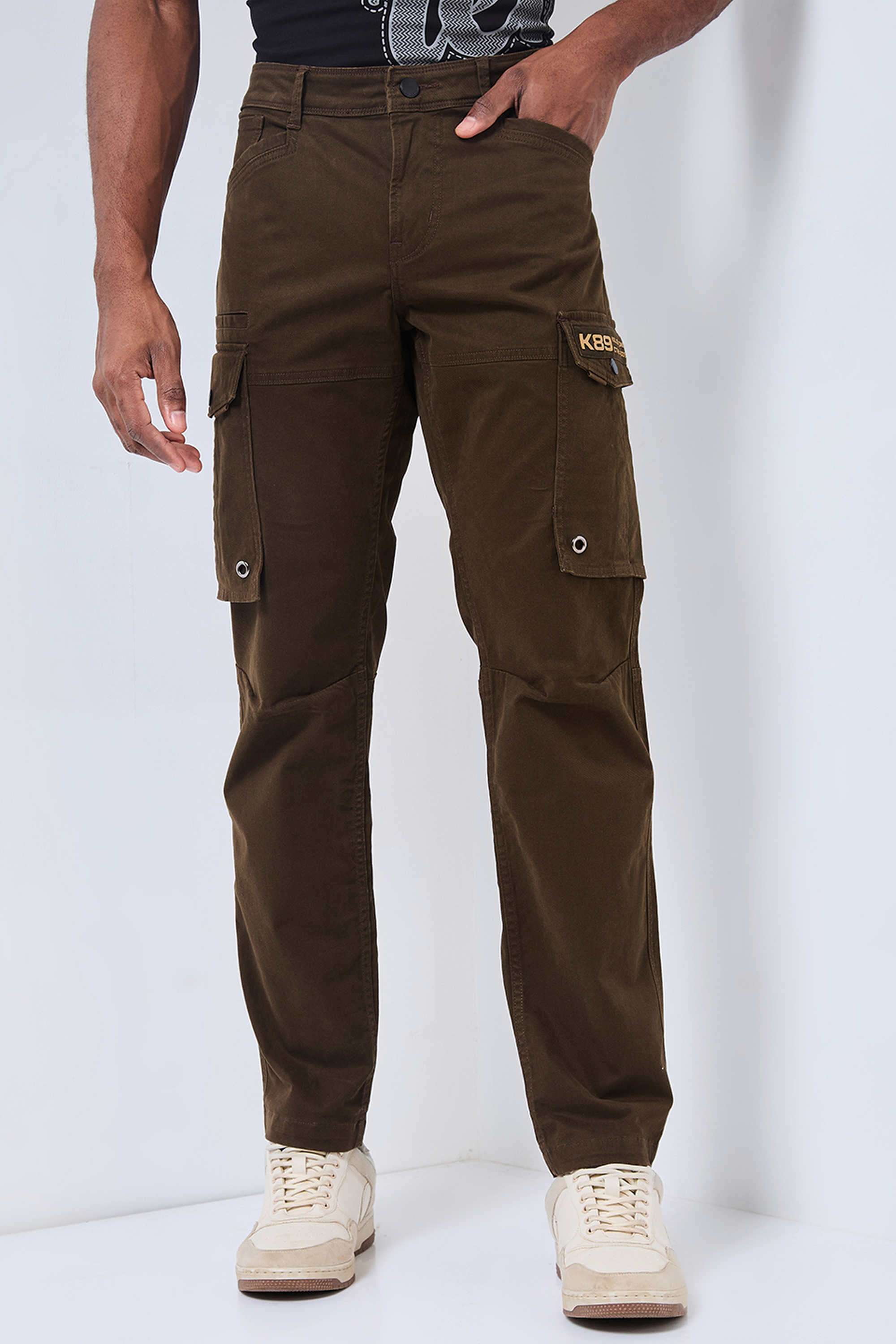 Solid-Cotton-Blend-Tapered-Fit-Men-s-Casual-Trousers