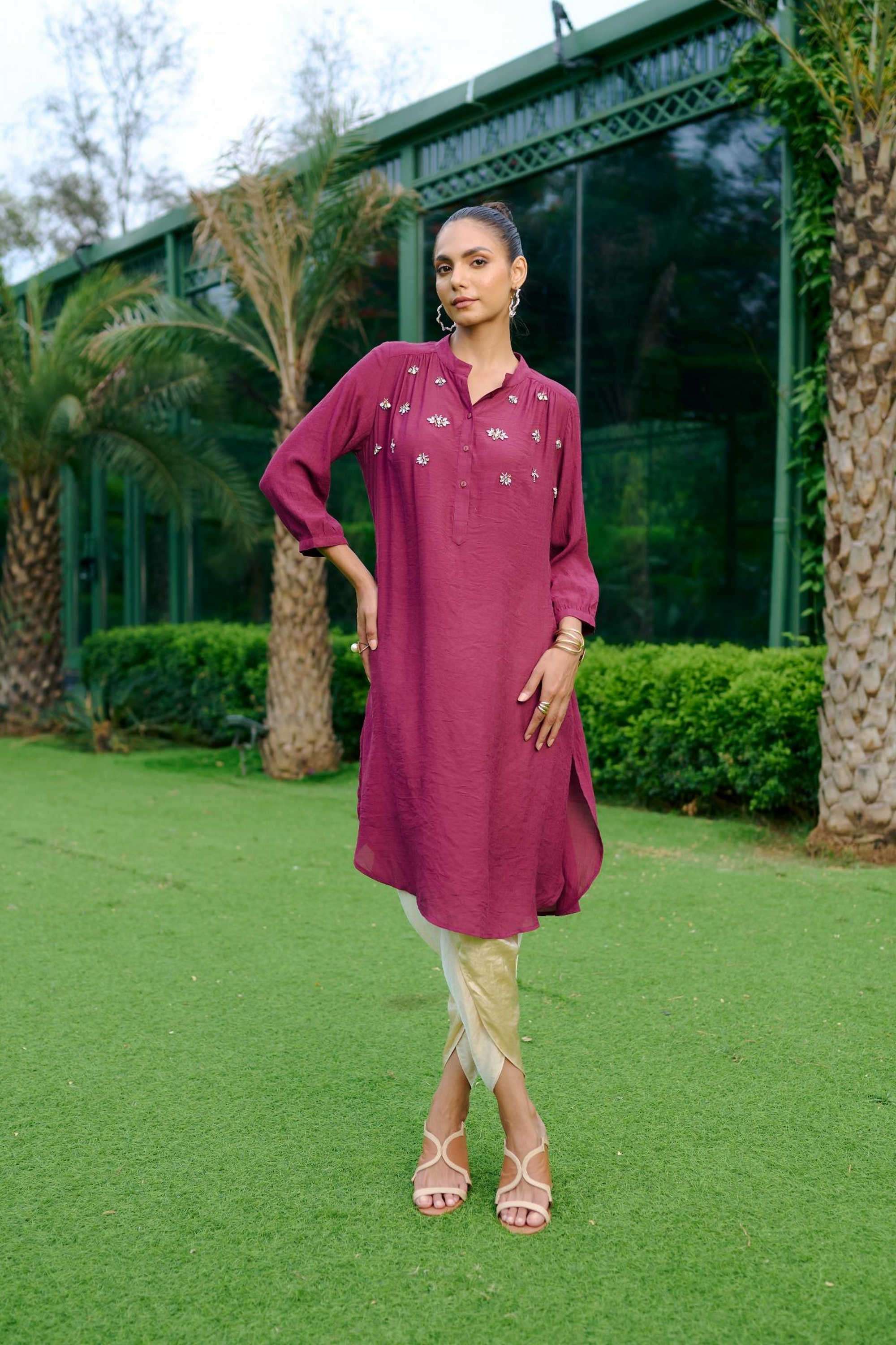 Textured-Blended-Fabric-Round-Neck-Women-s-Party-Wear-Tunic