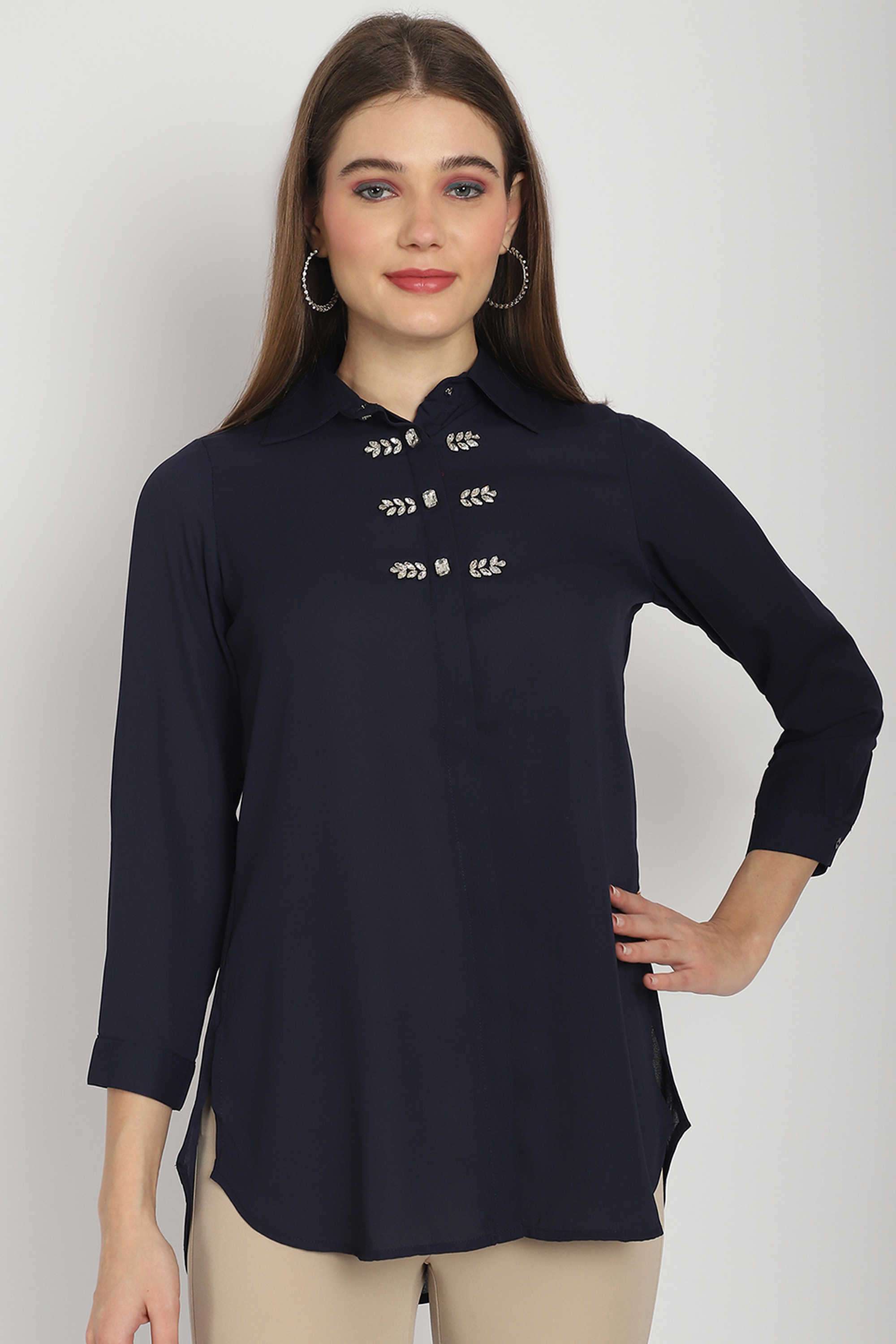 Textured-Collared-Polyester-Women-s-Party-Wear-Shirt