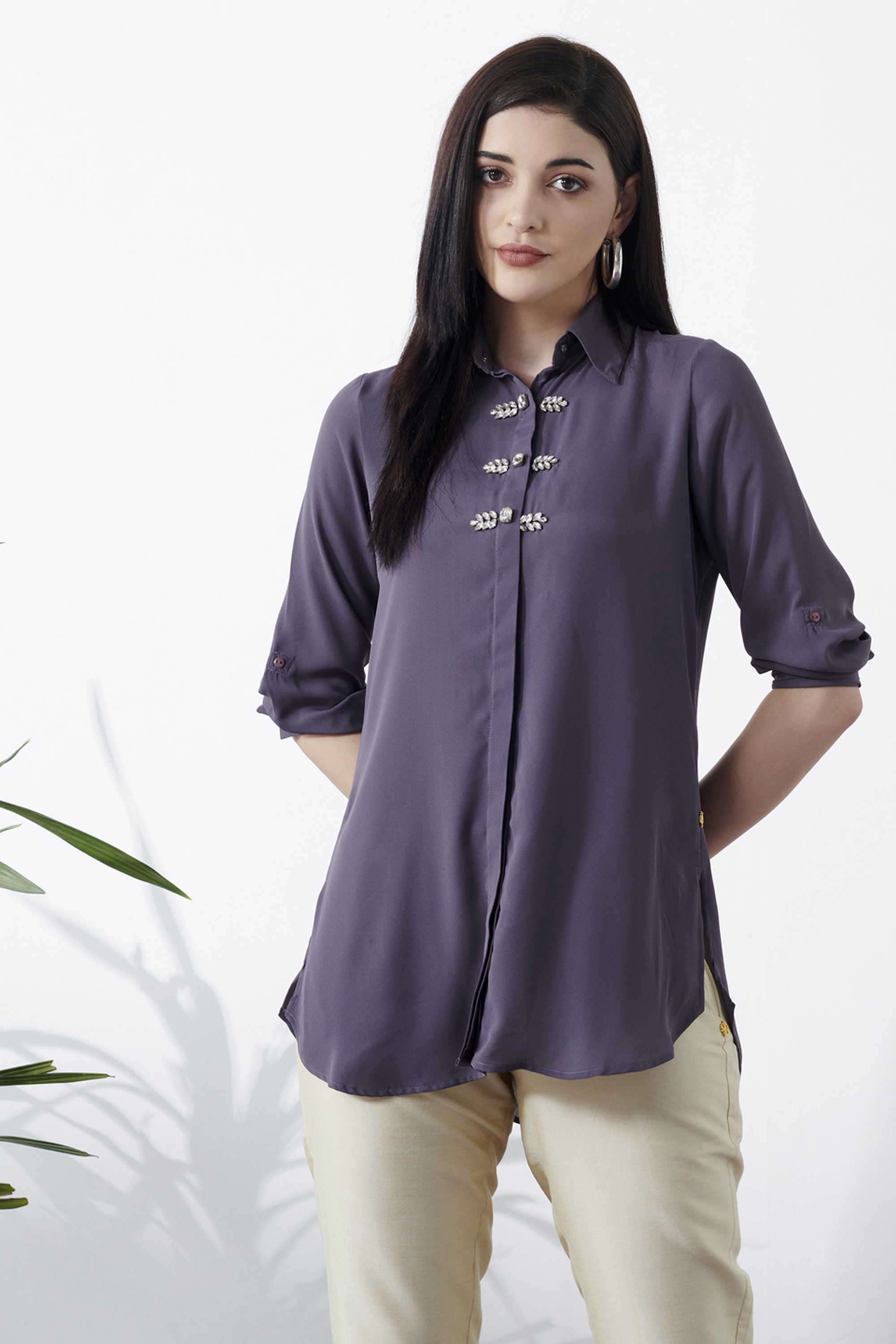 Textured-Collared-Polyester-Women-s-Party-Wear-Shirt