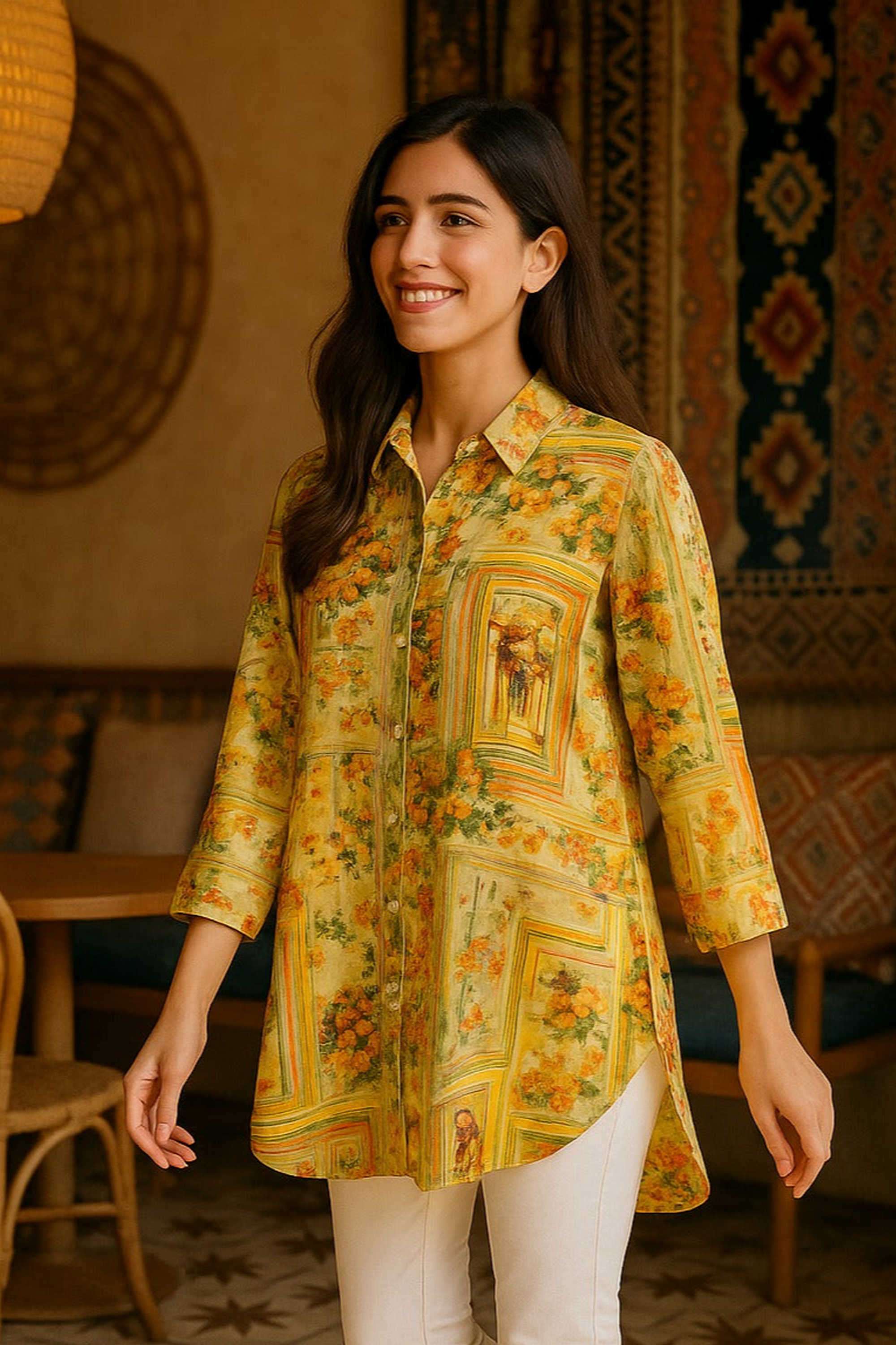 Printed-Round-Neck-Polyester-Women-s-Regular-Wear-Shirt