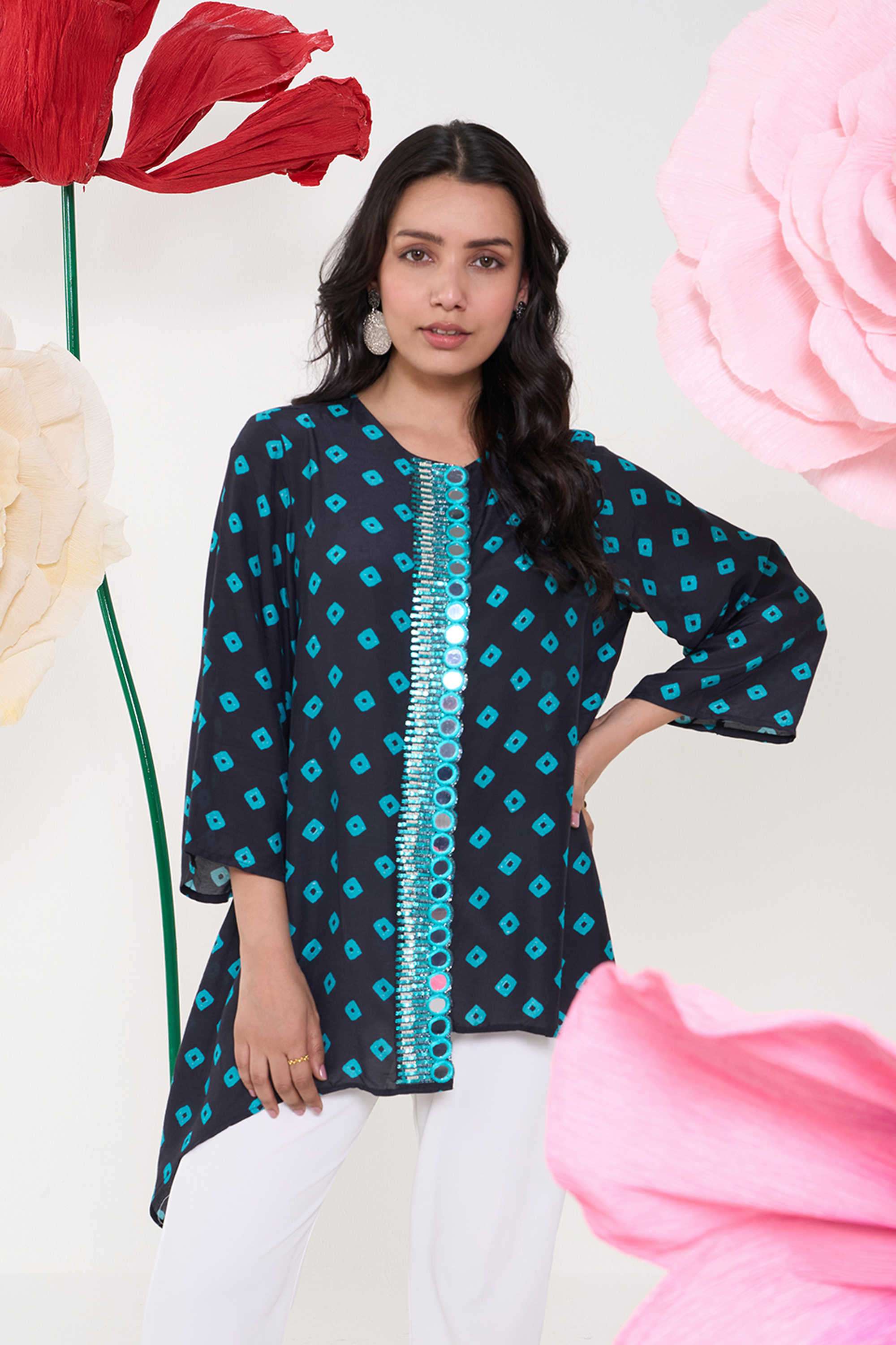 Textured-V-Neck-Blended-Fabric-Women-s-Regular-Wear-Shirt