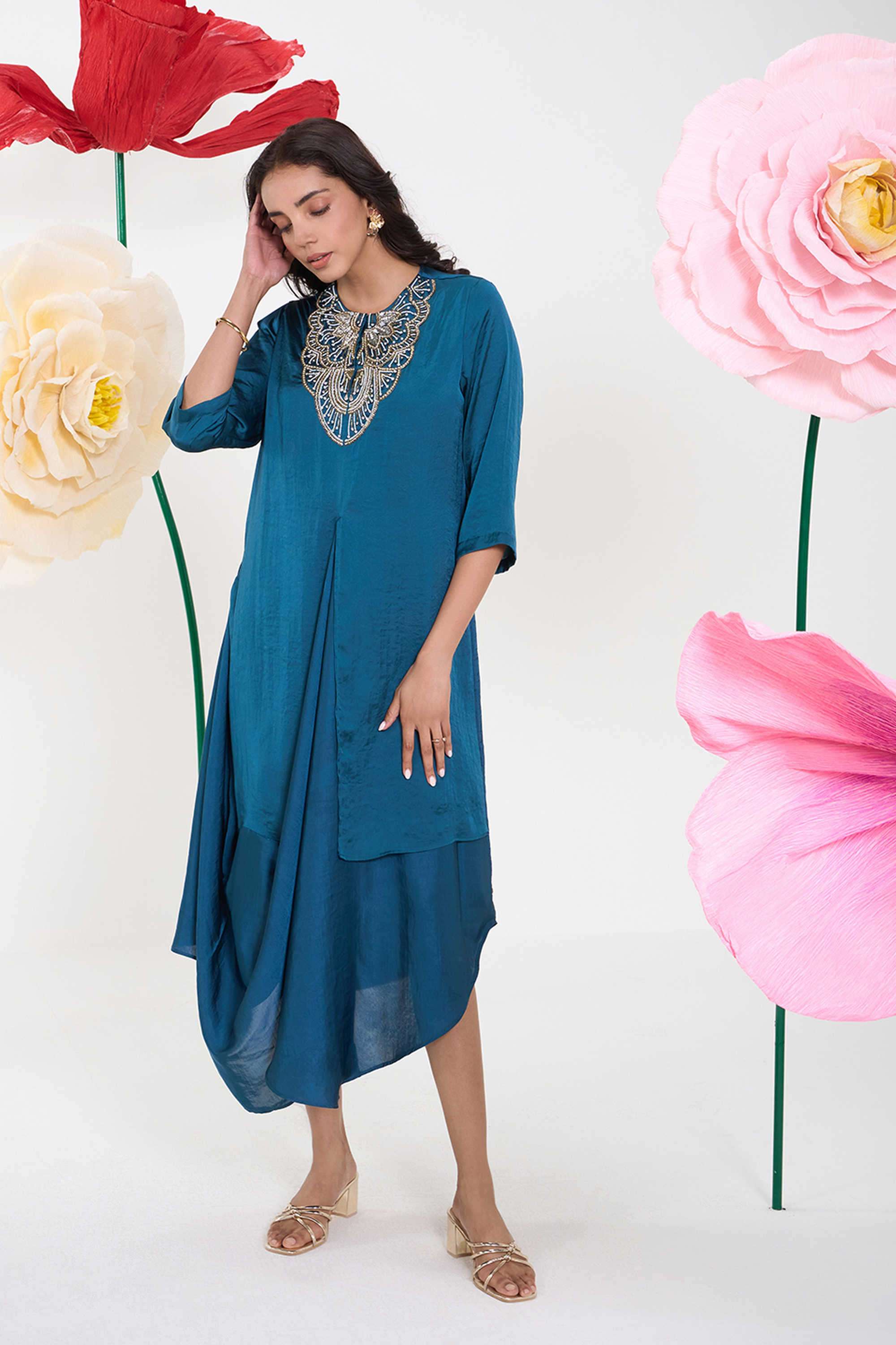 Textured-Polyester-Round-Neck-Women-s-Dress