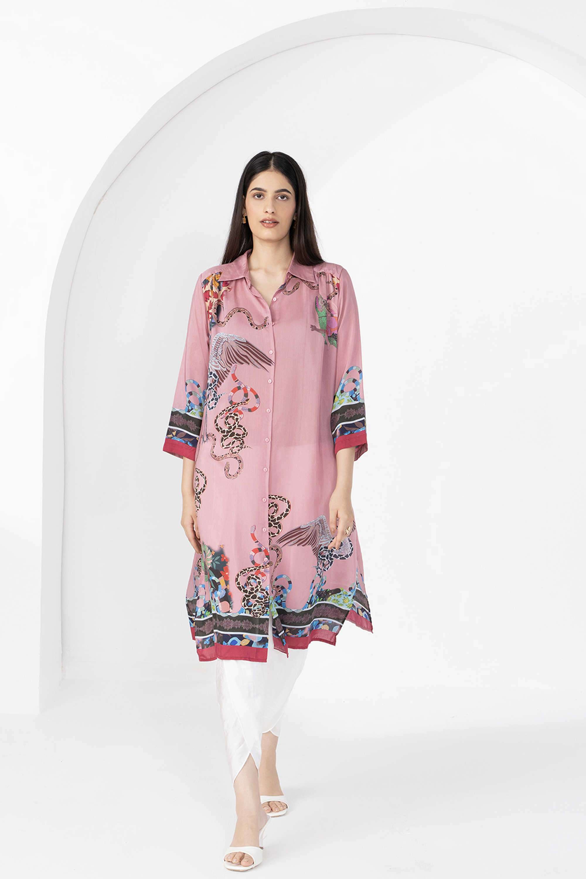 Printed-Blended-Fabric-Collared-Women-s-Regular-Wear-Tunic