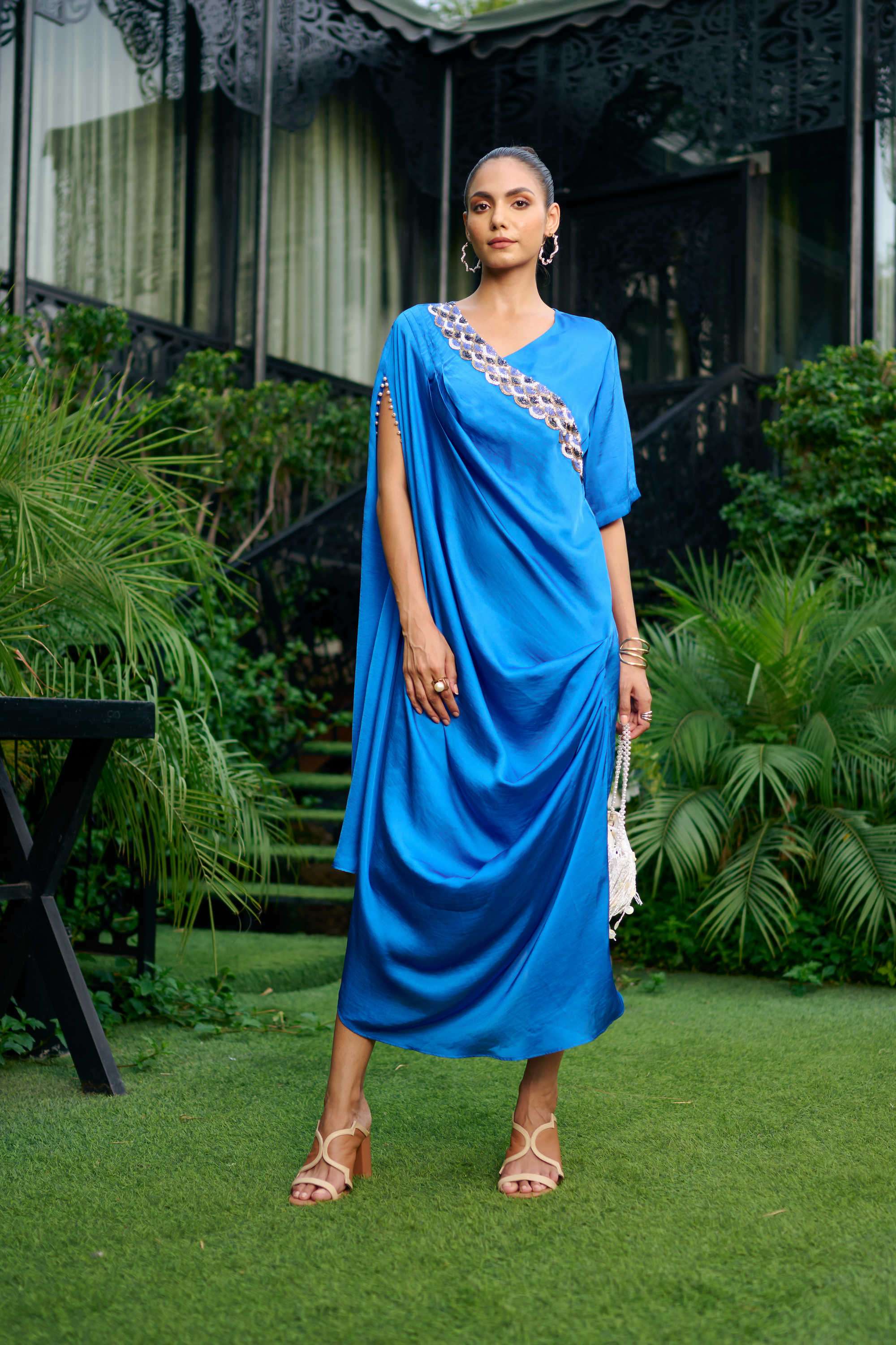 Textured-Polyester-V-Neck-Women-s-Dress