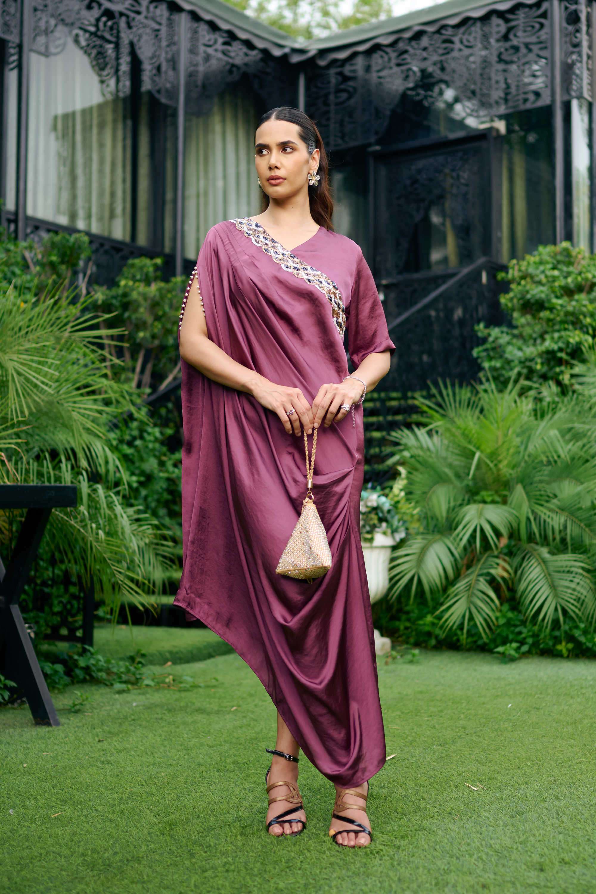 Textured-Polyester-V-Neck-Women-s-Dress