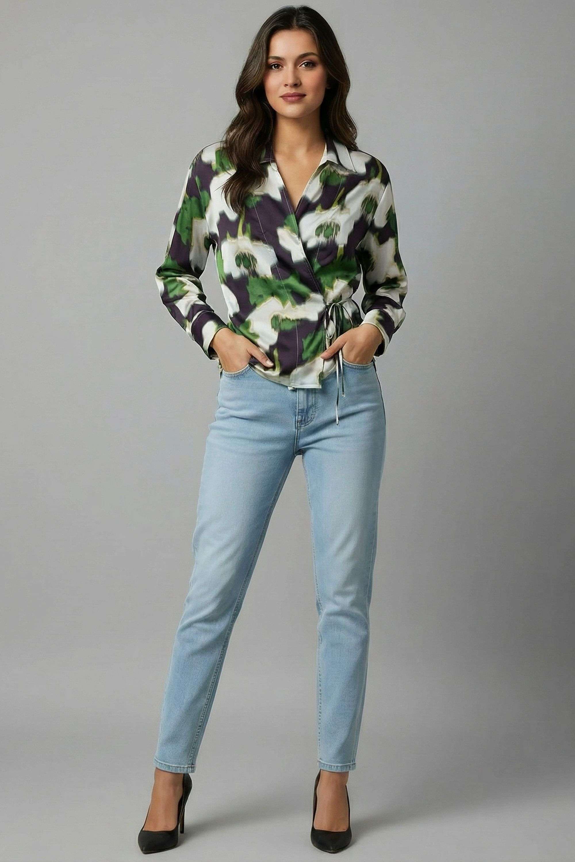 calvin klein Floral Blended Fabric Plunging Neck Women Top-picture-19