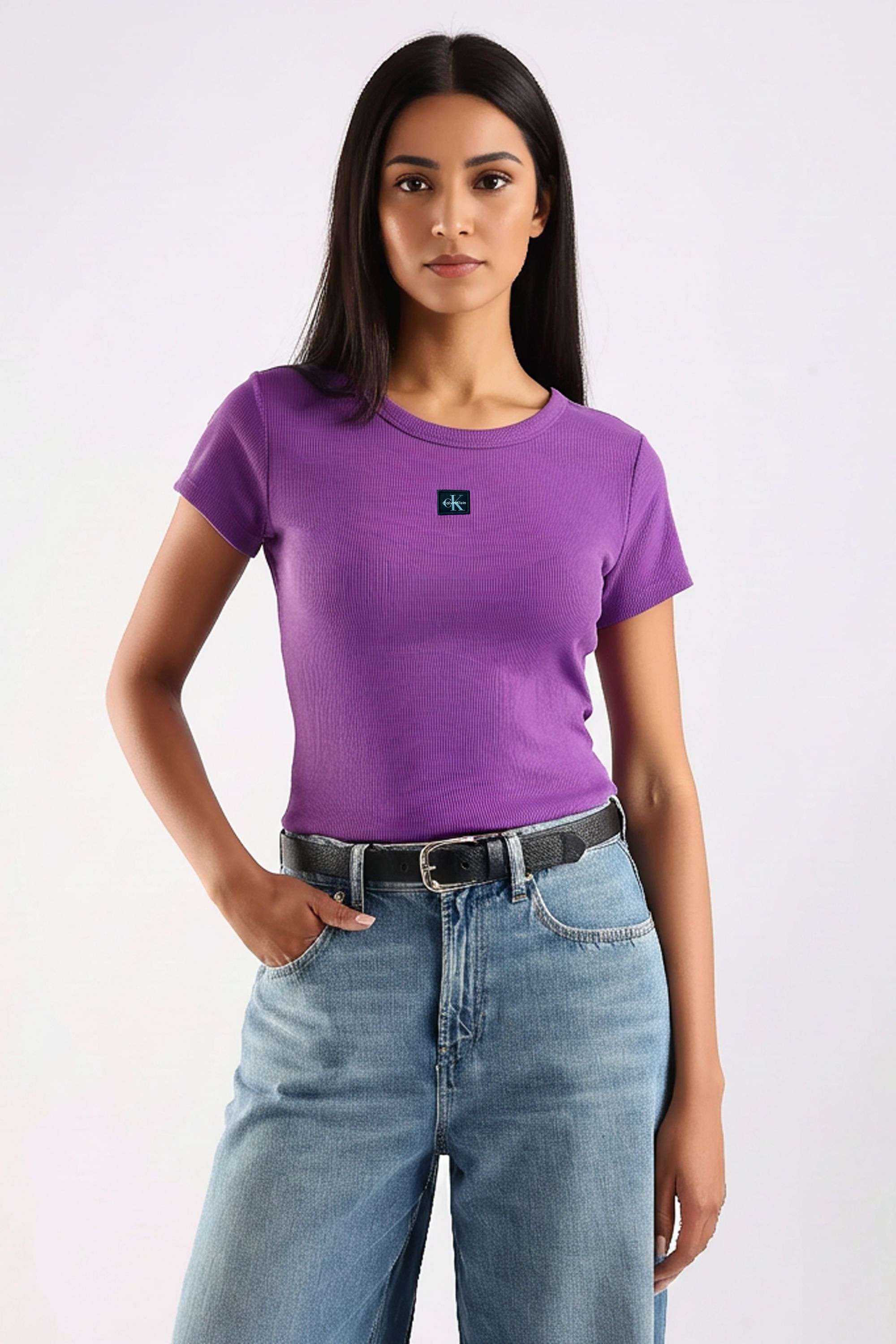 Solid-Blended-Fabric-Women-T-Shirt