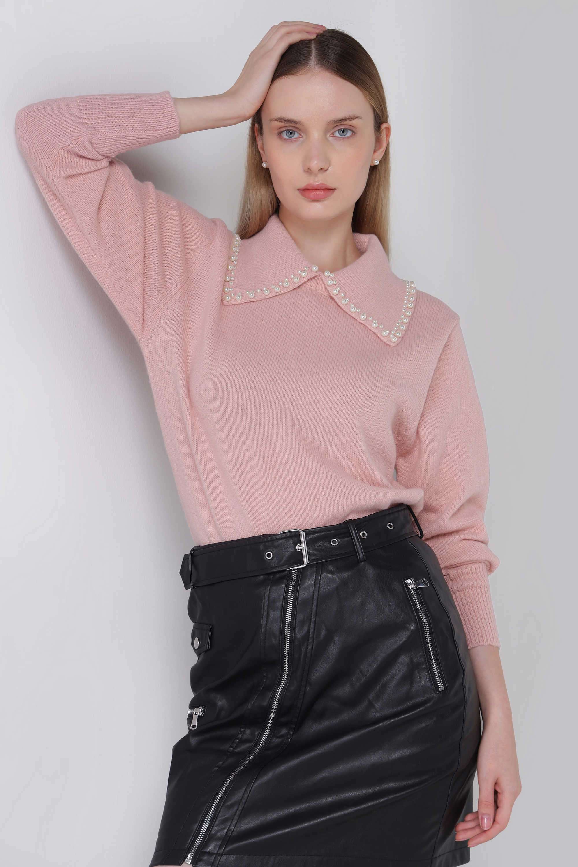 Solid-Collared-Polyester-Women-s-Winter-Wear-Sweater