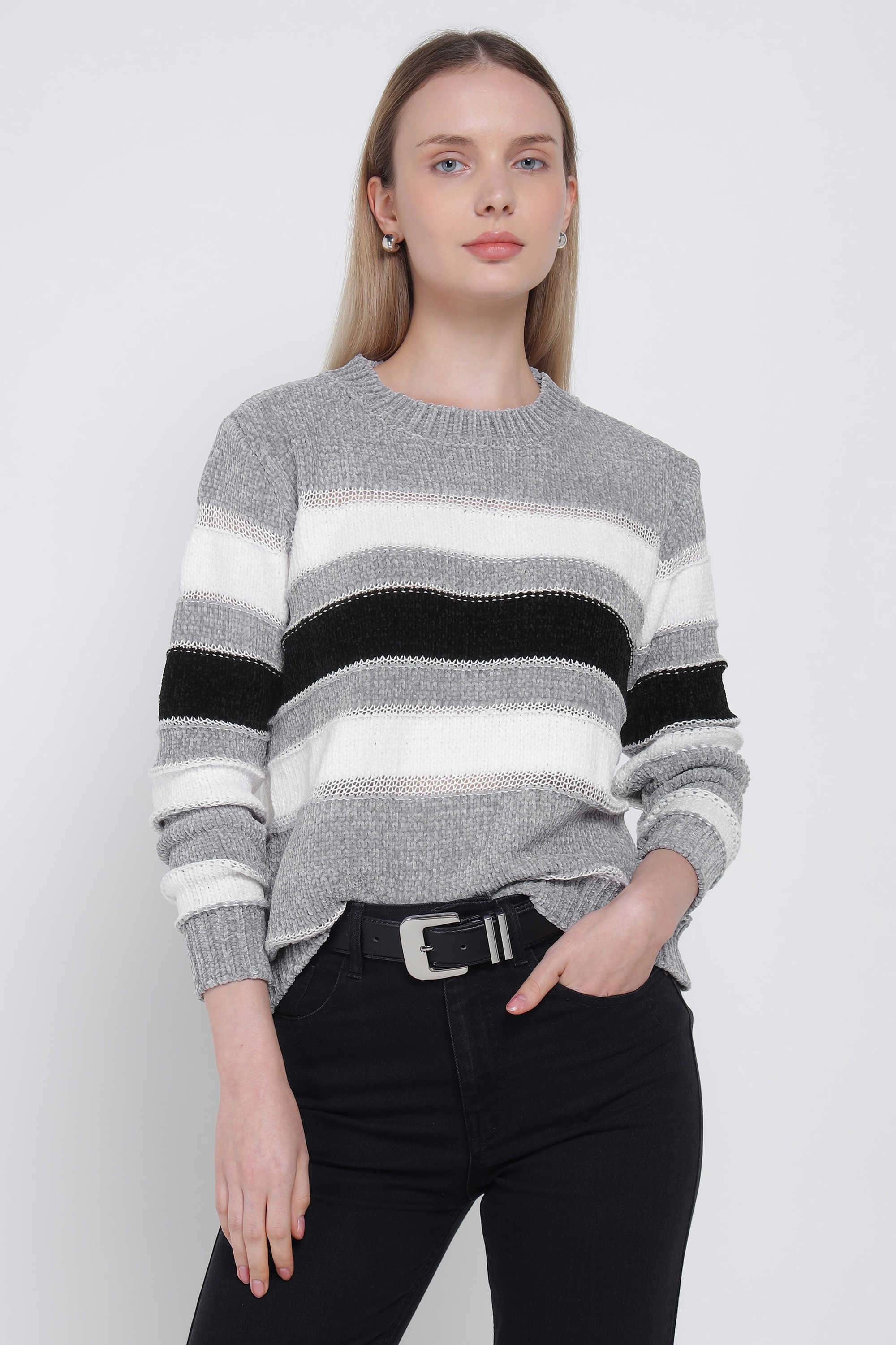 Stripes-Round-Neck-Polyester-Women-s-Winter-Wear-Sweater
