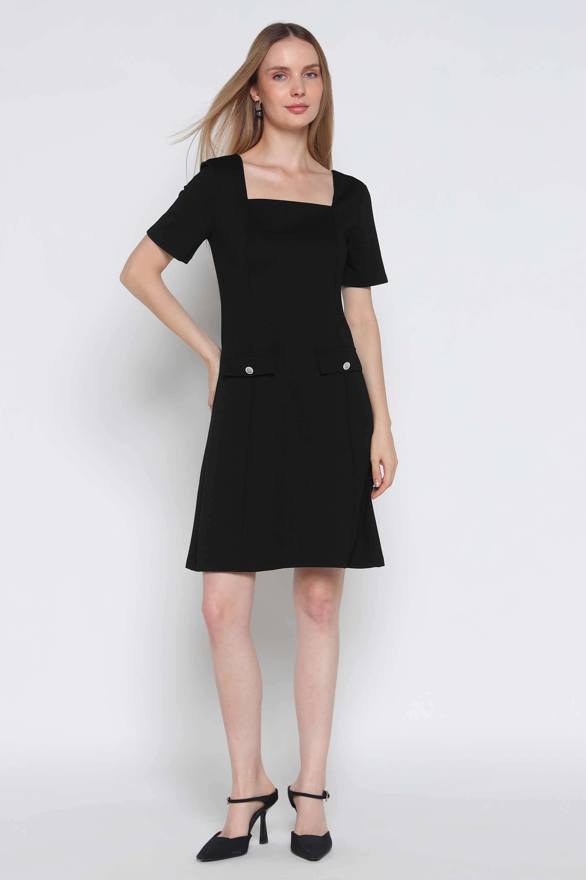 Solid-Viscose-Square-Neck-Women-s-Dress