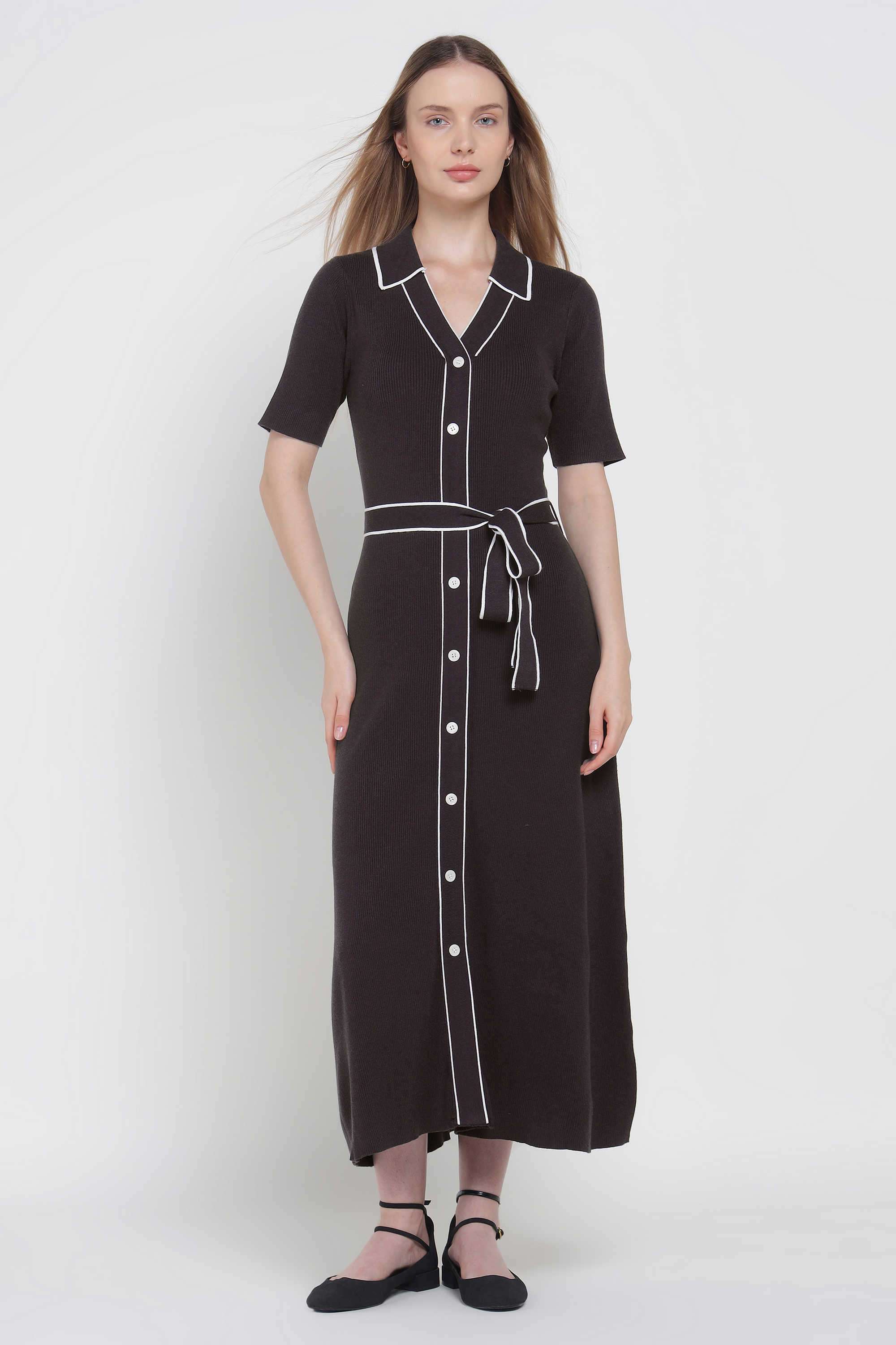 Solid-Viscose-Collared-Women-s-Dress