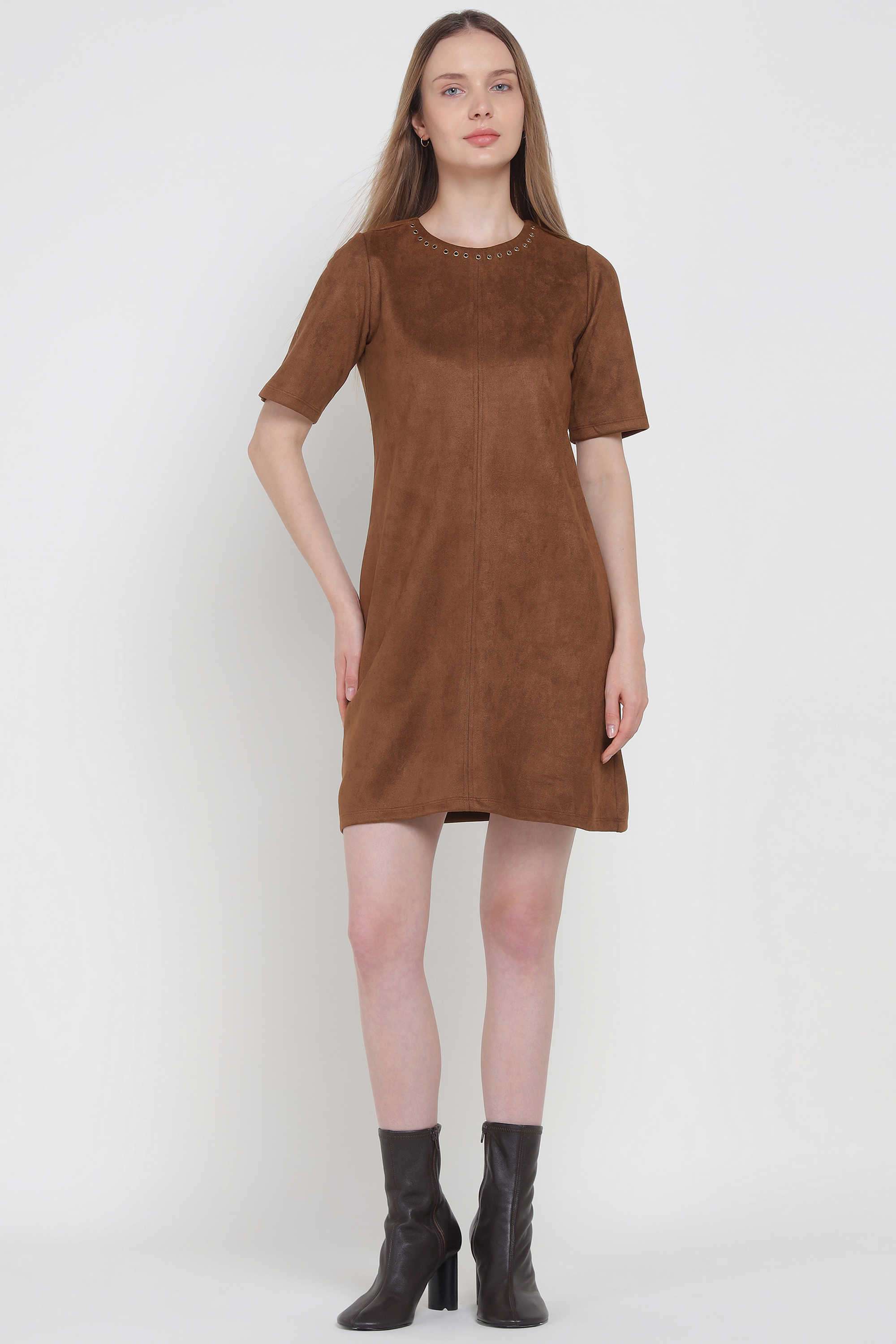 Solid-Polyester-Round-Neck-Women-s-Dress