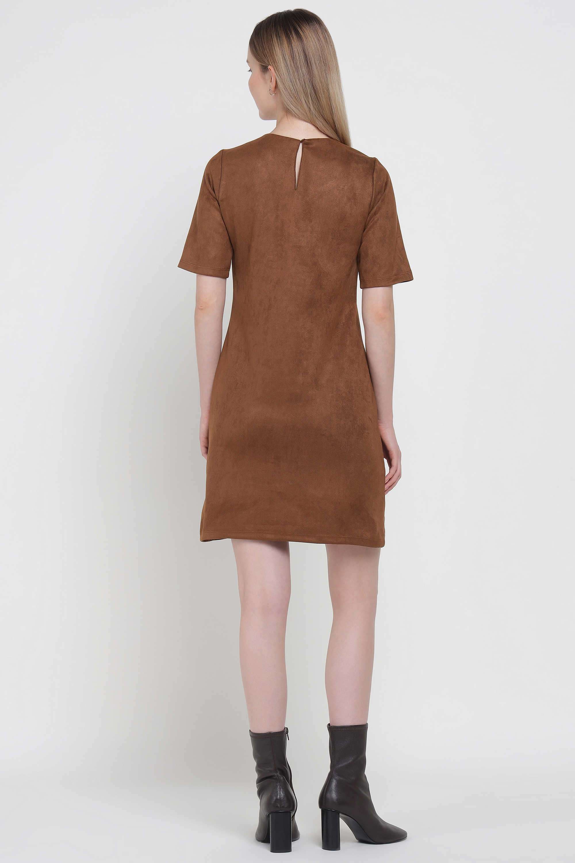 Solid-Polyester-Round-Neck-Women-s-Dress