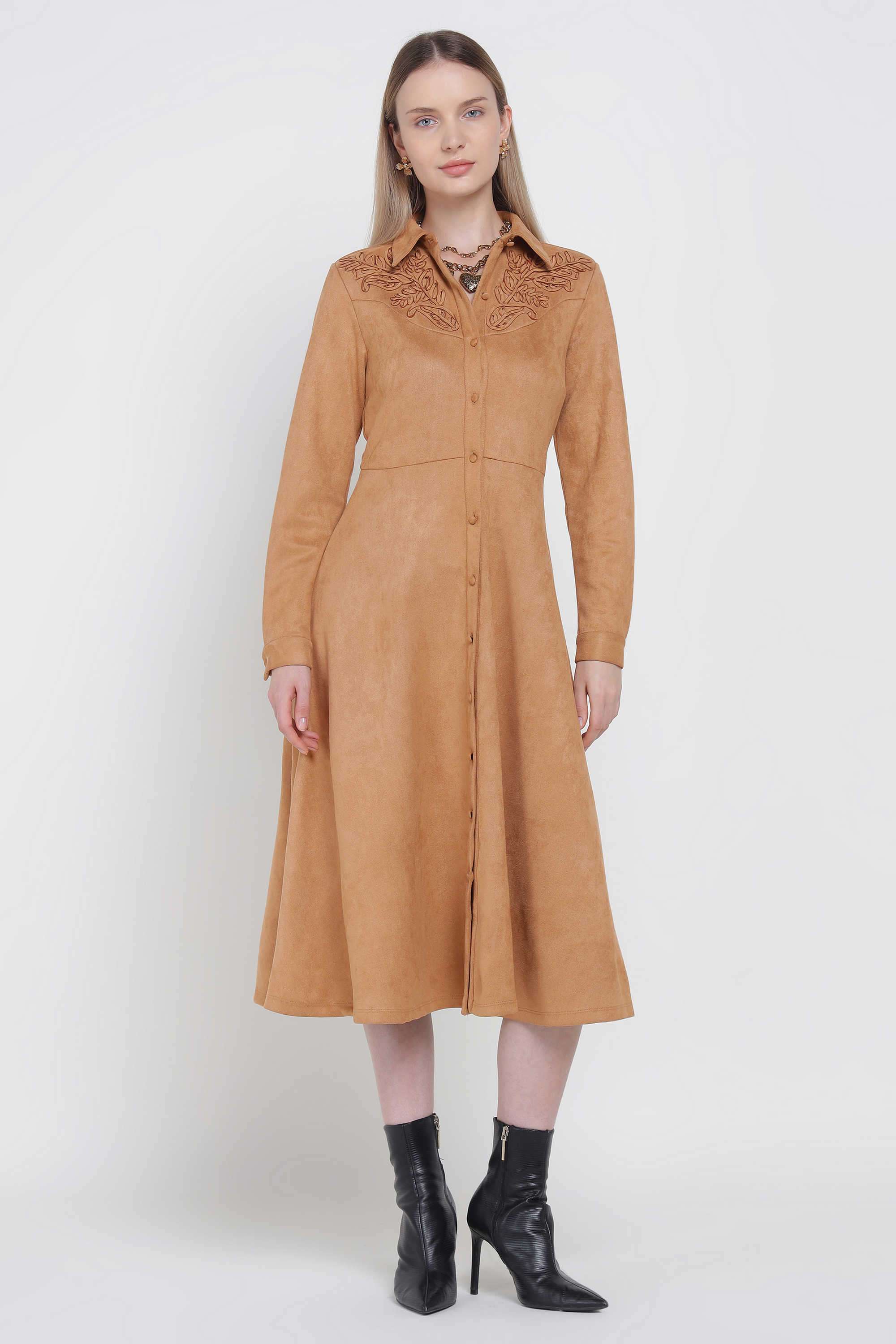 Solid-Polyester-V-Neck-Women-s-Dress