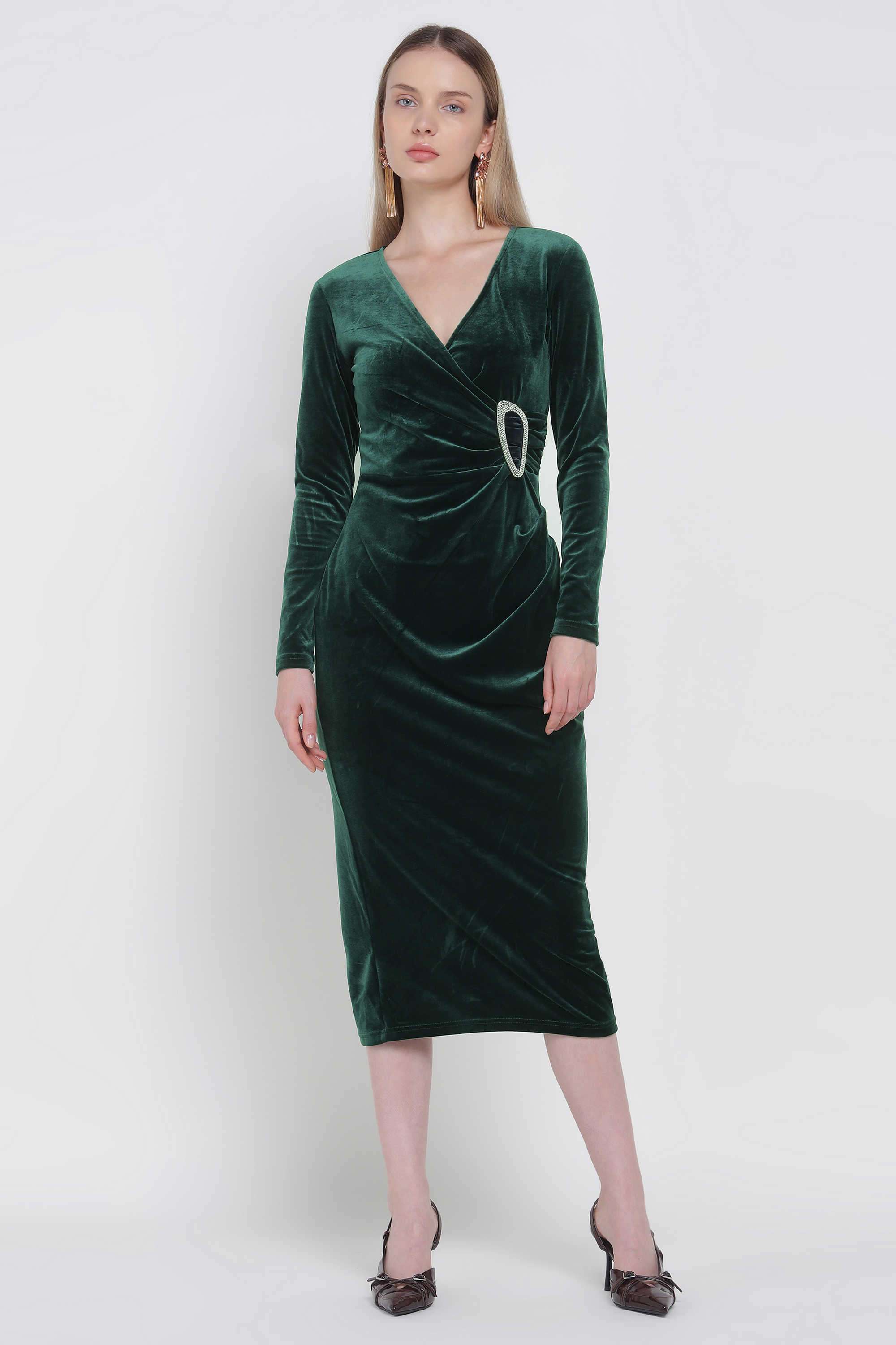 Solid-Polyester-V-Neck-Women-s-Dress