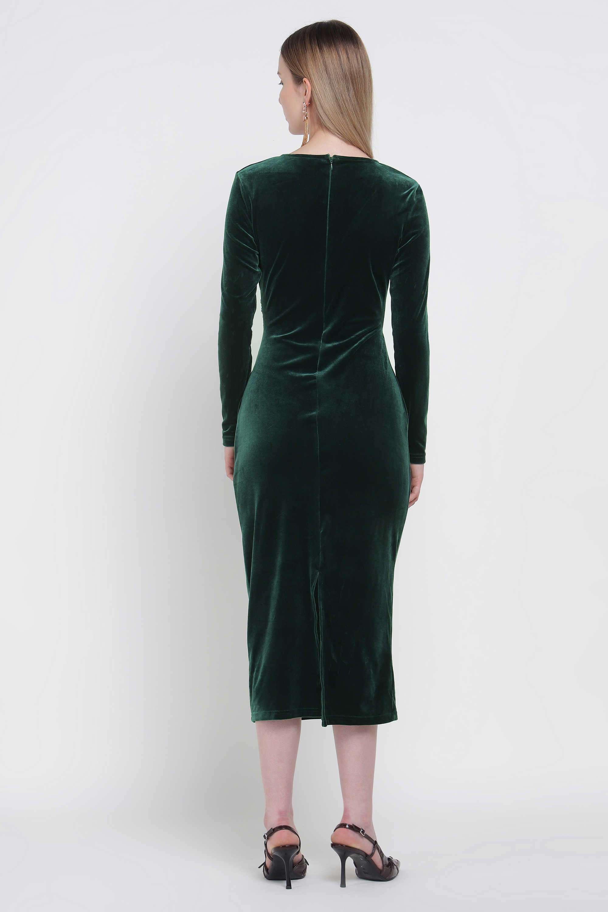 Solid-Polyester-V-Neck-Women-s-Dress