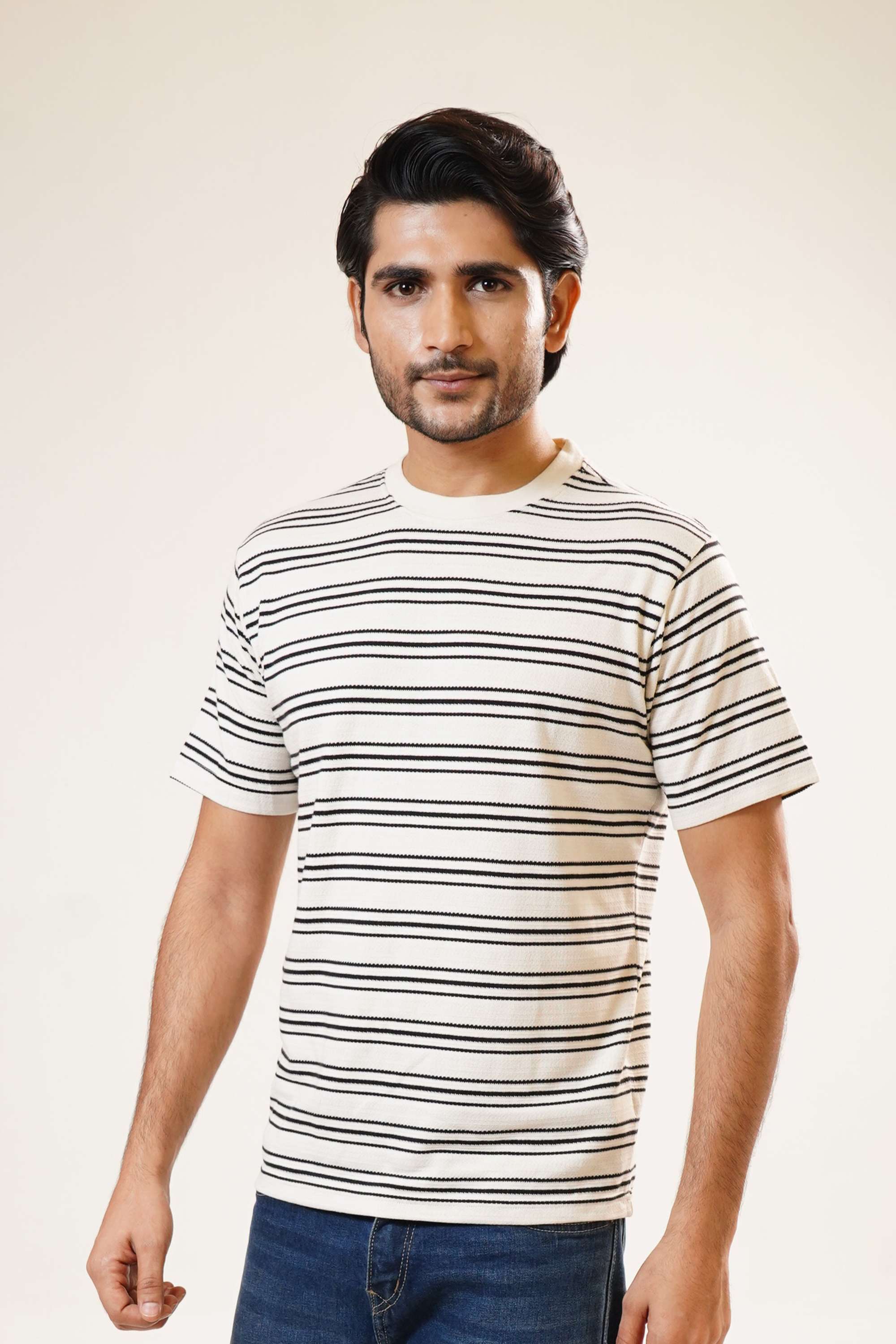 Stripes-Blended-Fabric-Round-Neck-Men-Casual-Wear-T-Shirt