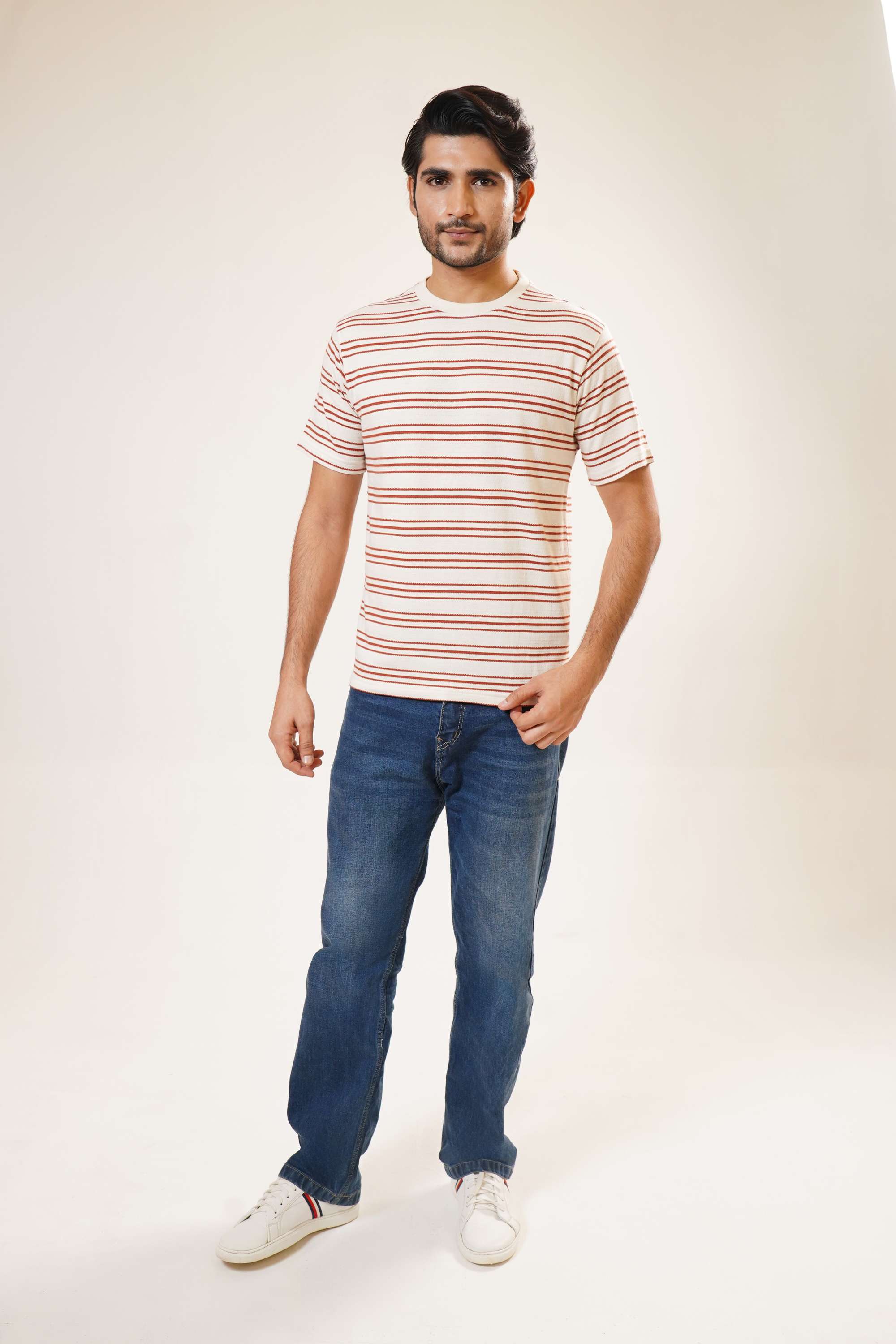 Stripes-Blended-Fabric-Round-Neck-Men-Casual-Wear-T-Shirt