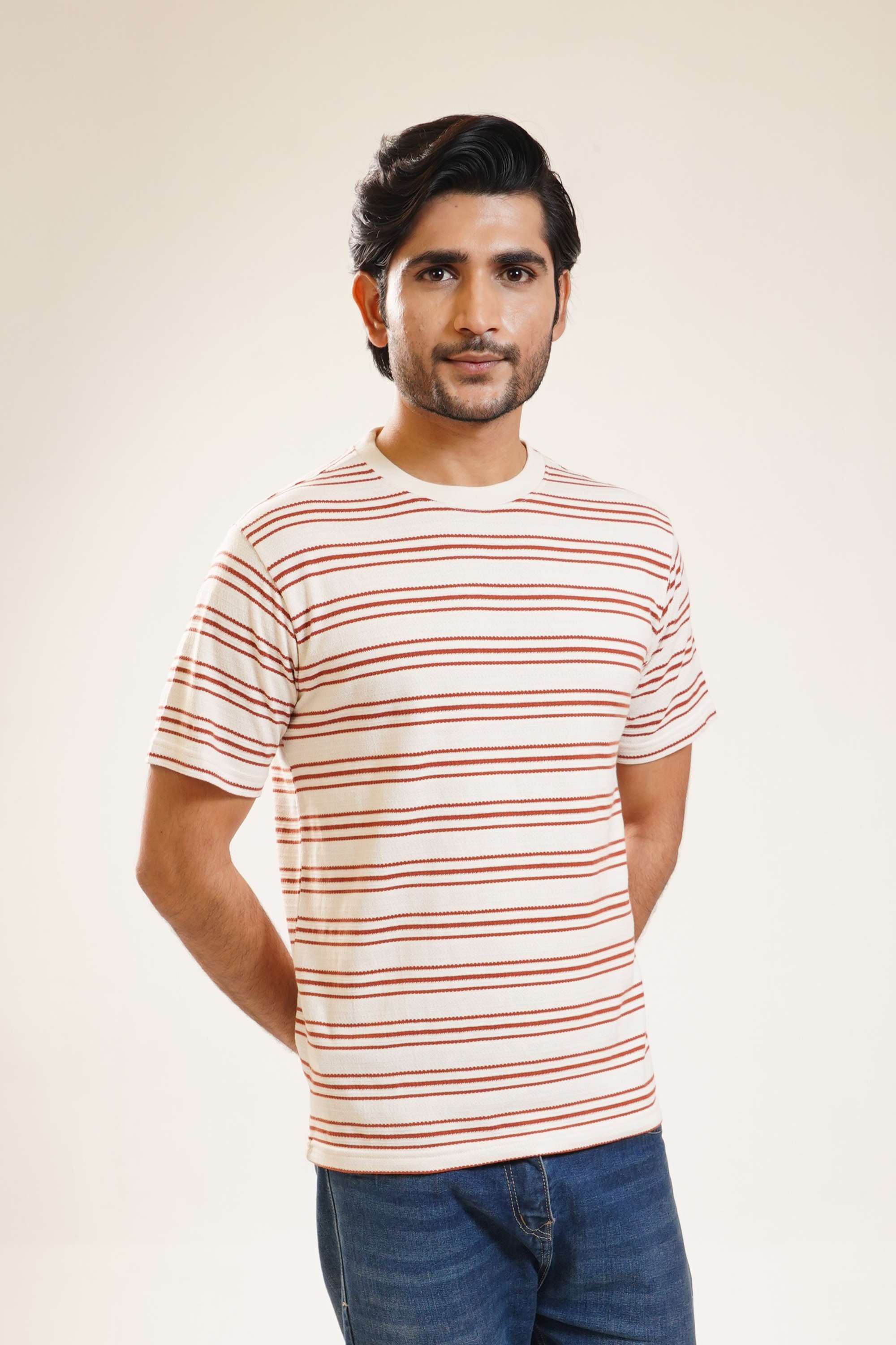 Stripes-Blended-Fabric-Round-Neck-Men-Casual-Wear-T-Shirt