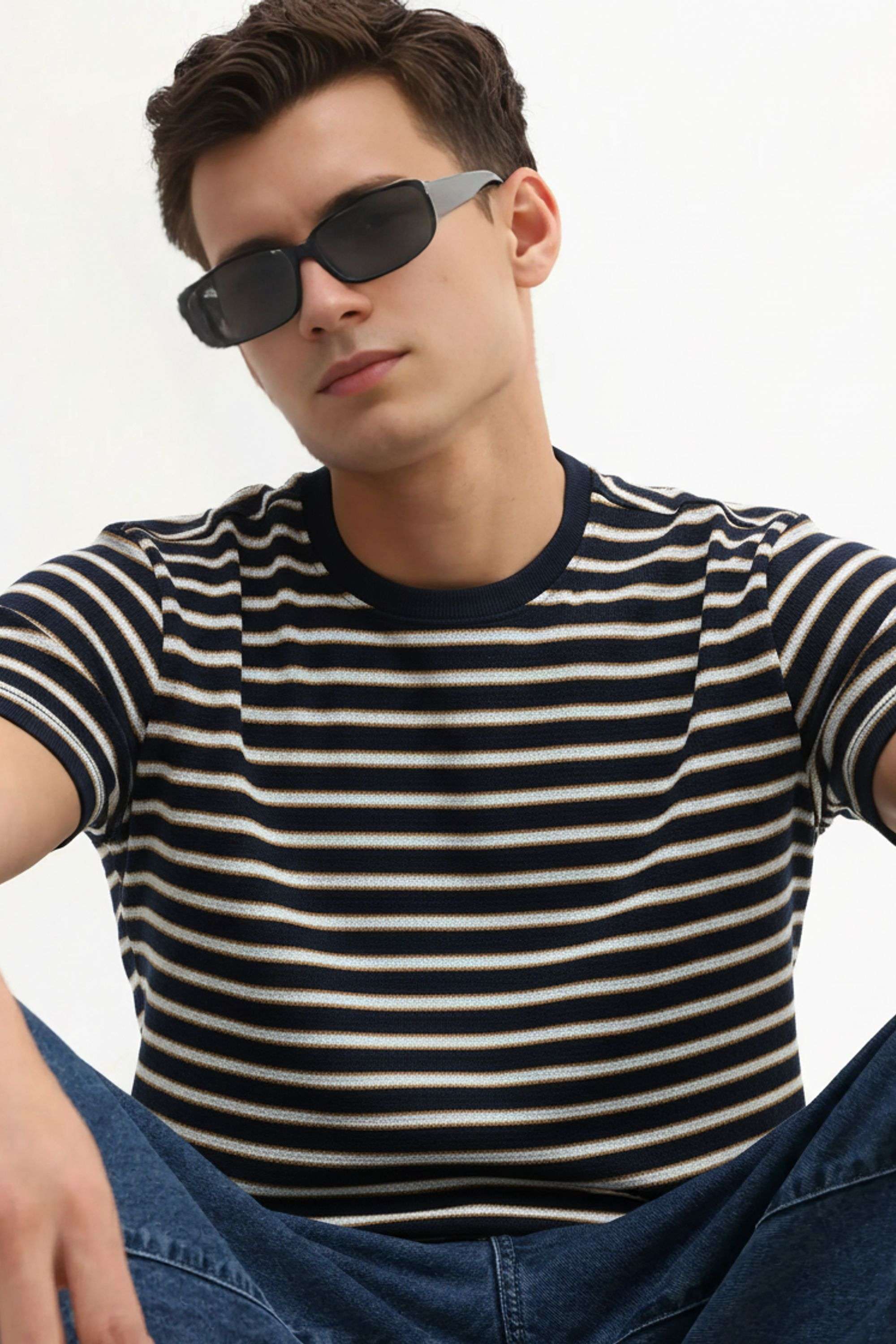 Stripes-Blended-Fabric-Round-Neck-Men-s-T-Shirt