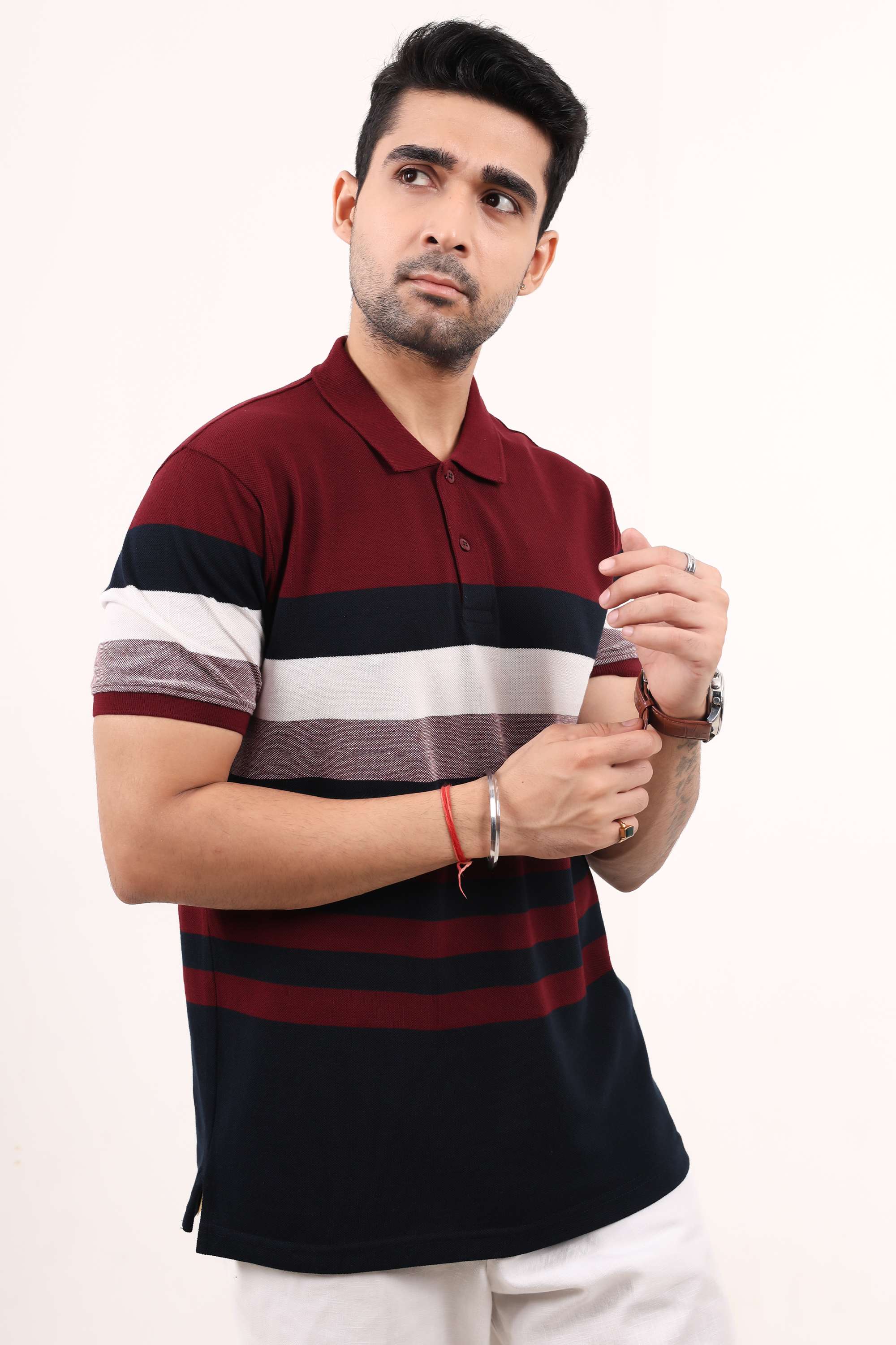 Stripes-Blended-Fabric-Polo-Men-s-T-Shirt