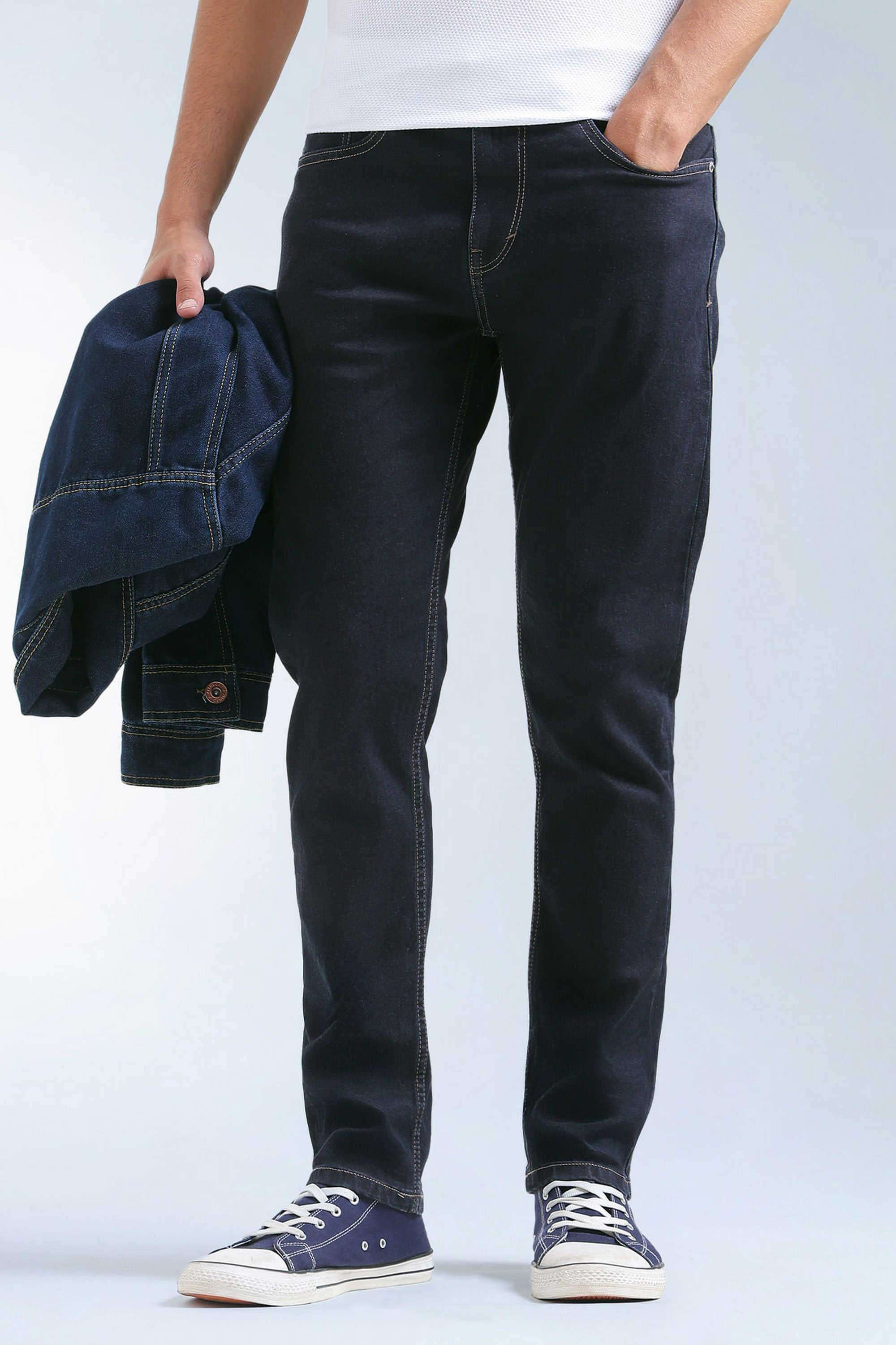 Solid-Cotton-Blend-Tapered-Fit-Men-s-Jeans