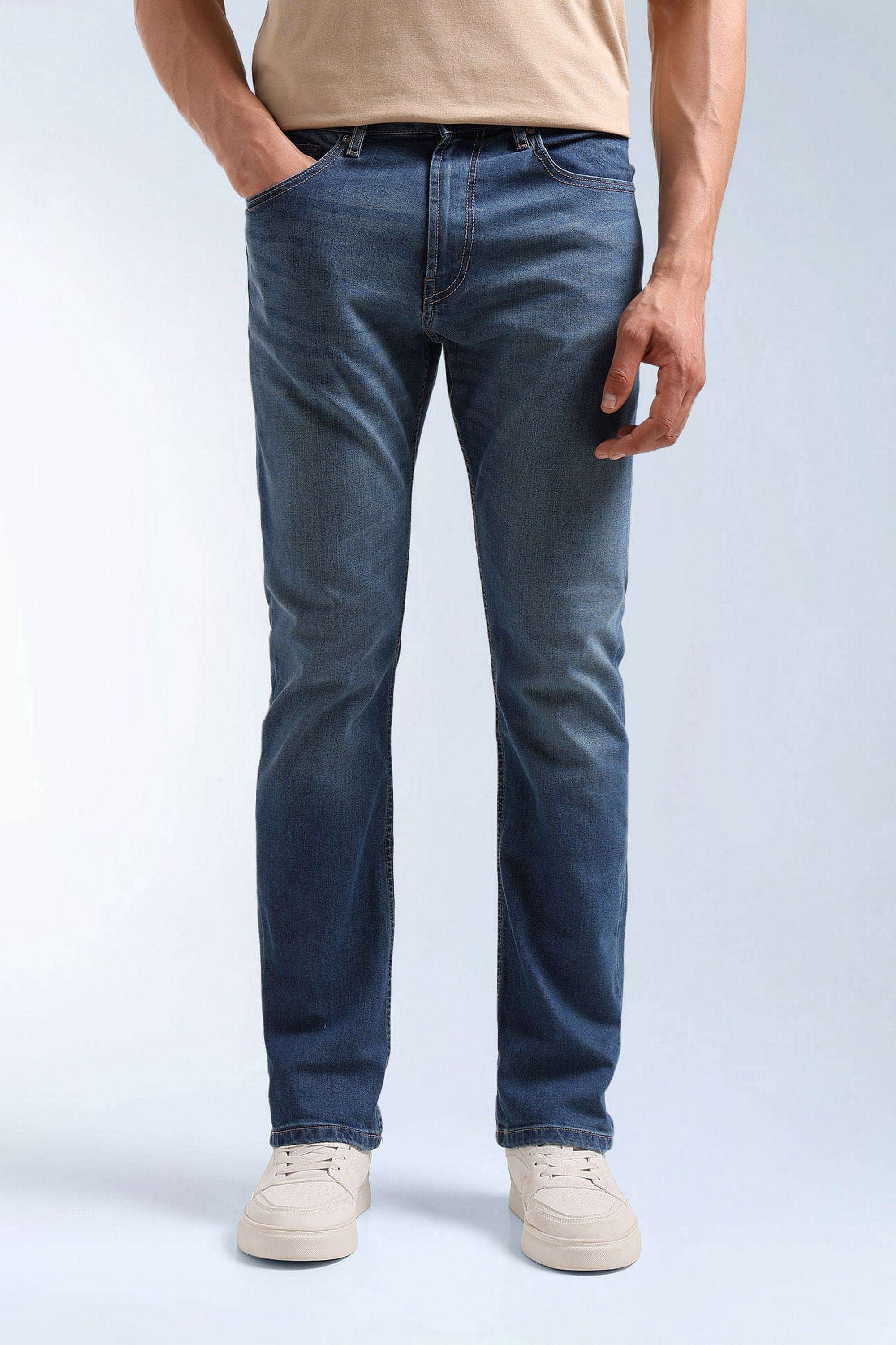 Solid-Polyester-Cotton-Straight-Fit-Men-s-Jeans