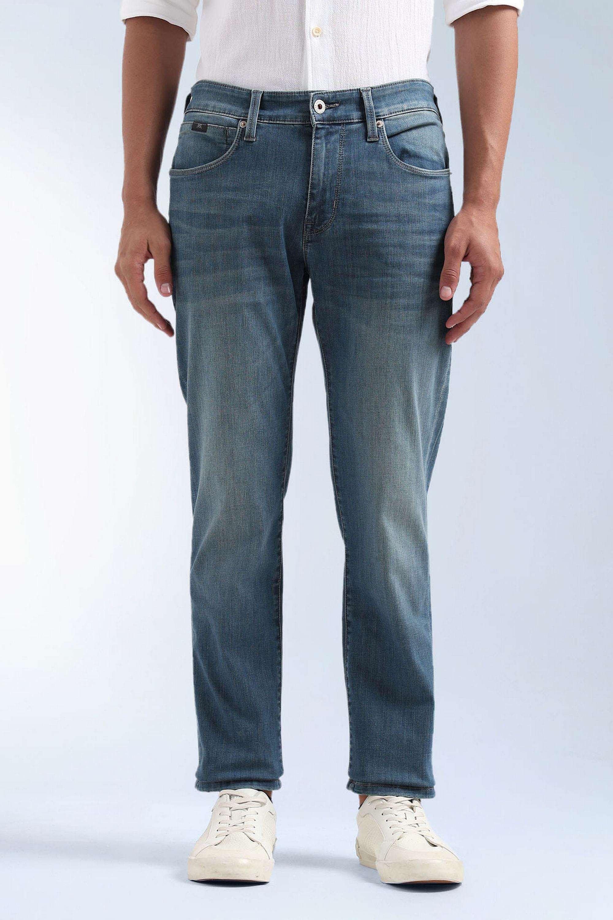 Solid-Polyester-Cotton-Straight-Fit-Men-s-Jeans
