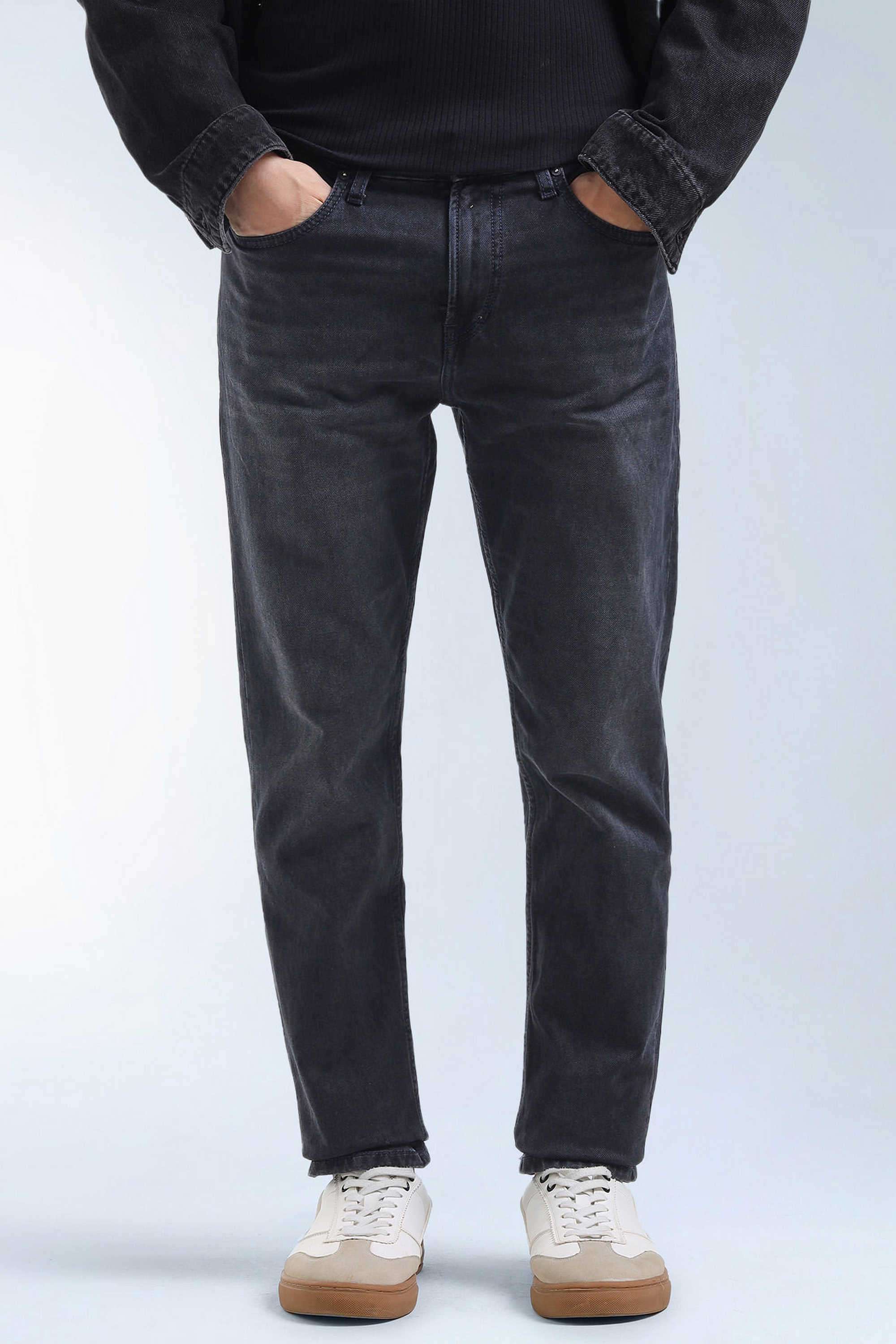 Solid-Cotton-Blend-Tapered-Fit-Men-s-Jeans