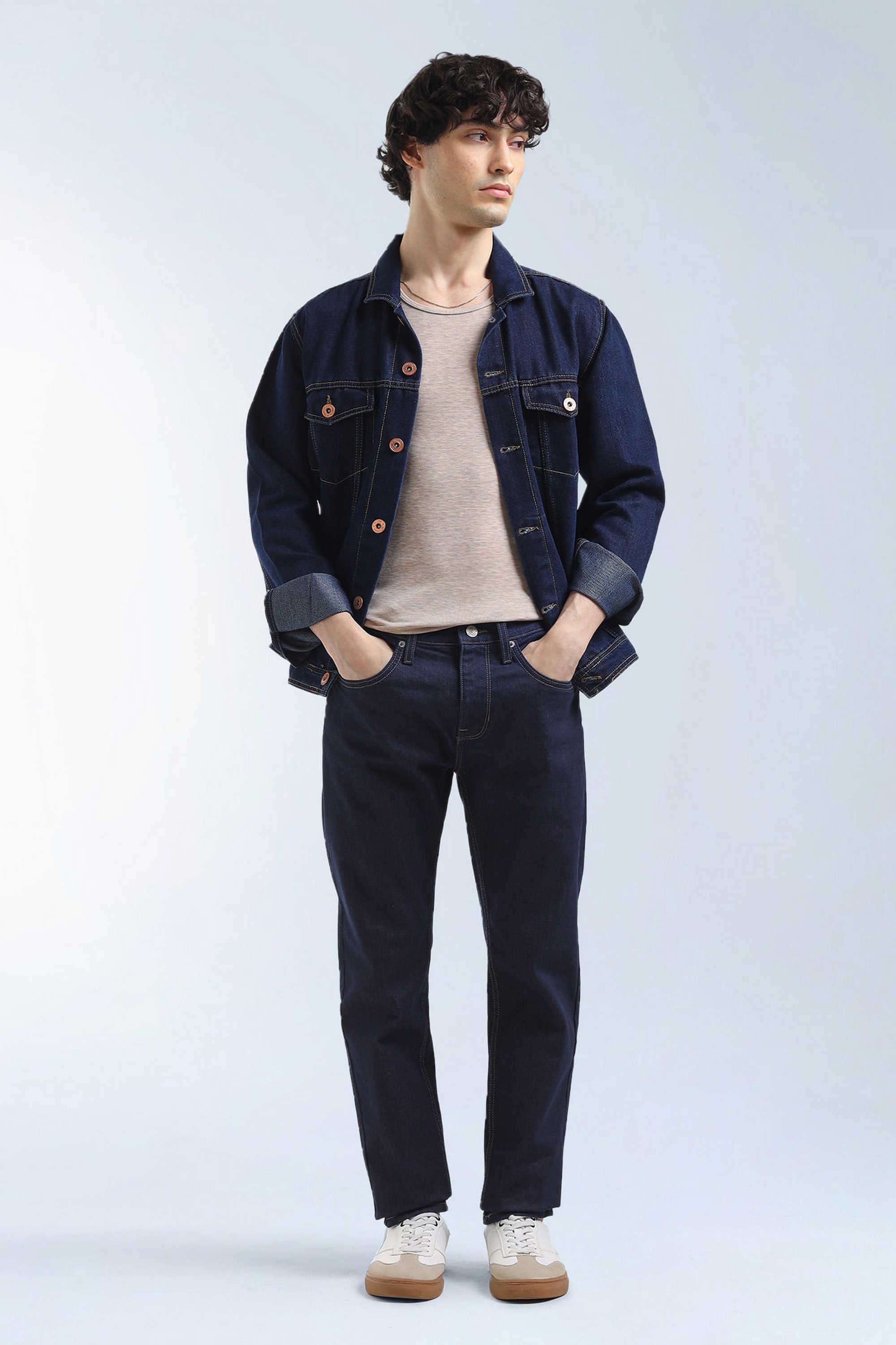 Solid-Polyester-Blend-Tapered-Fit-Men-s-Jeans