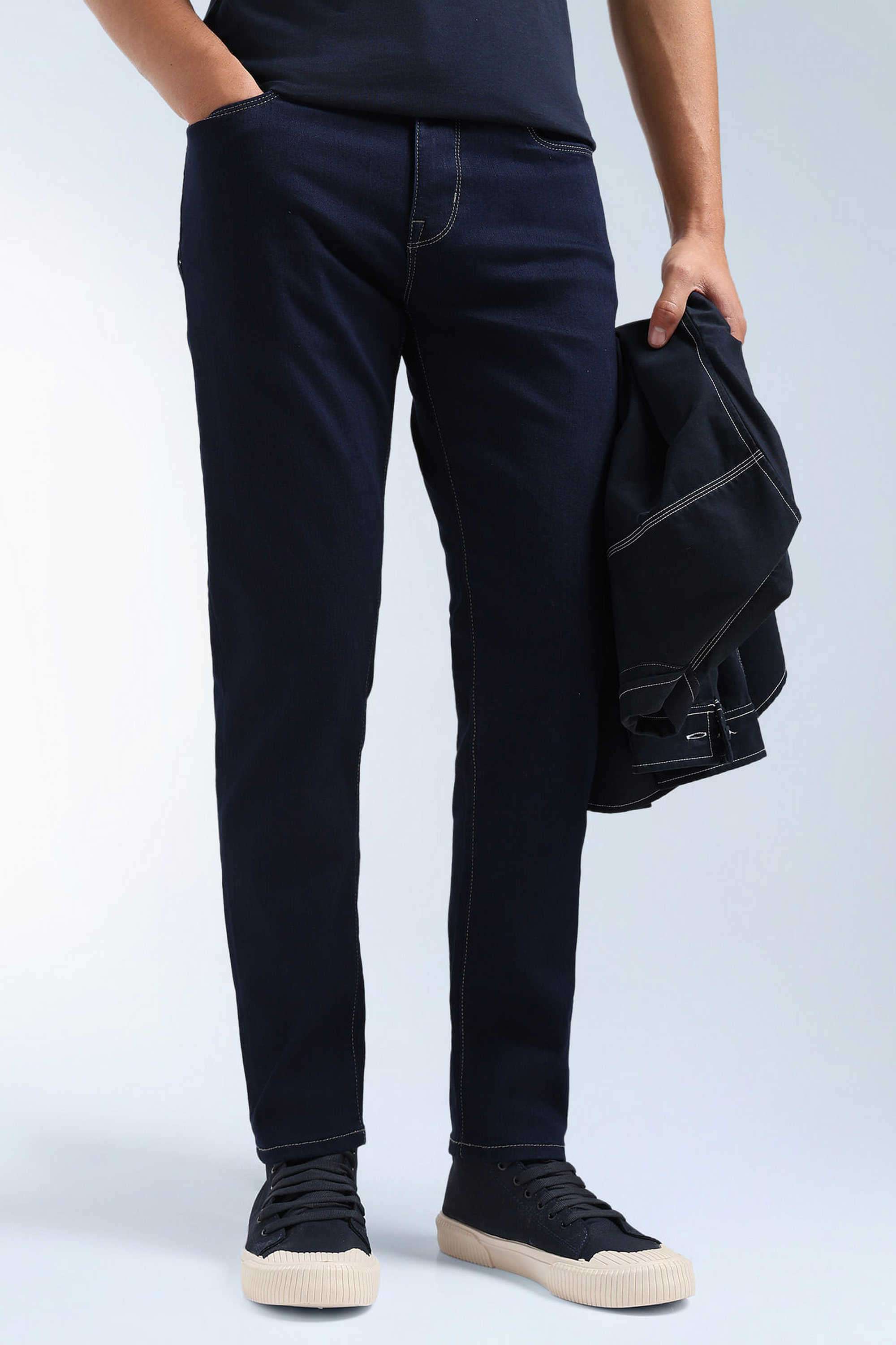 Solid-Cotton-Blend-Tapered-Fit-Men-s-Jeans