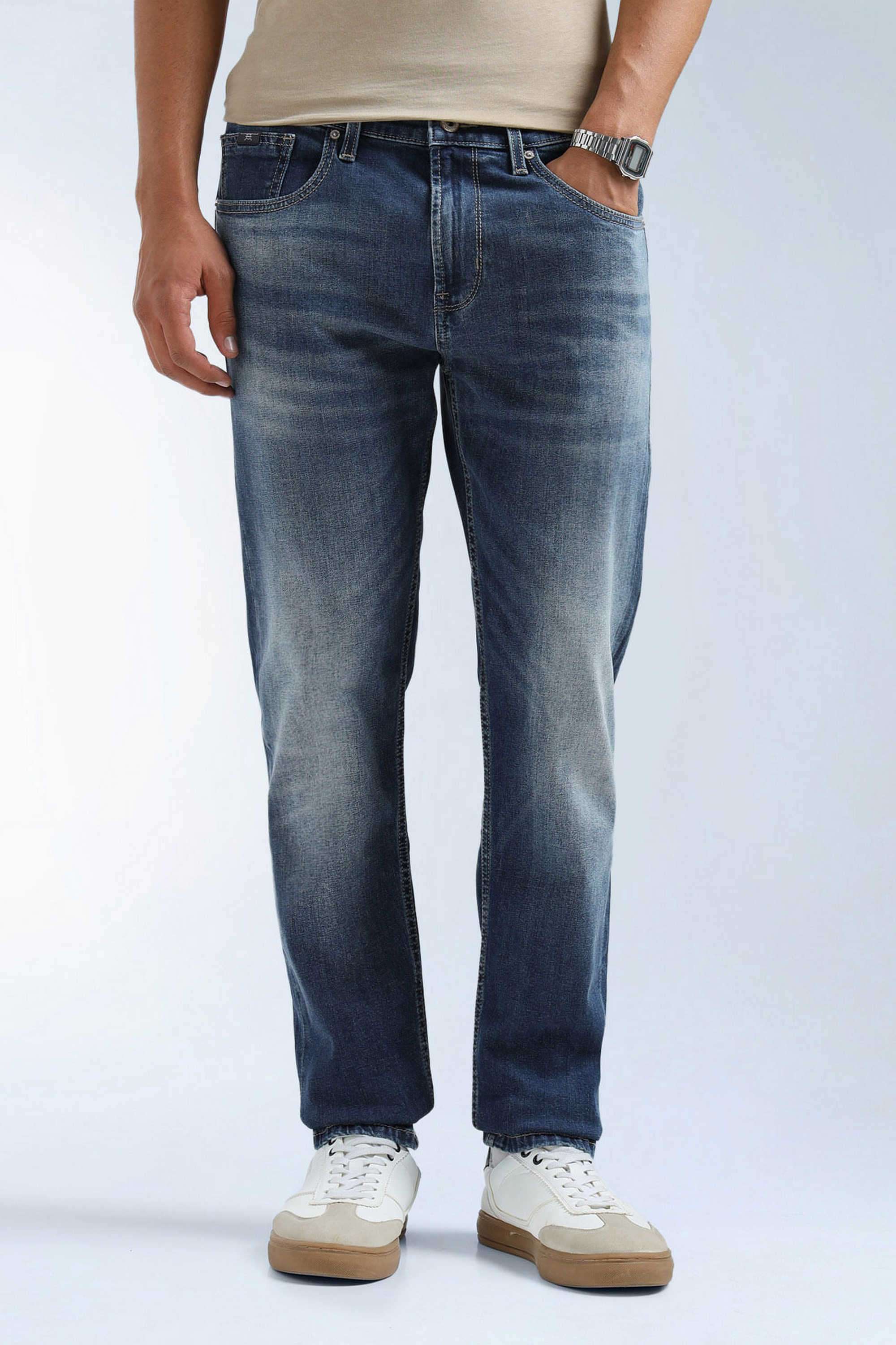 Solid-Cotton-Blend-Tapered-Fit-Men-s-Jeans