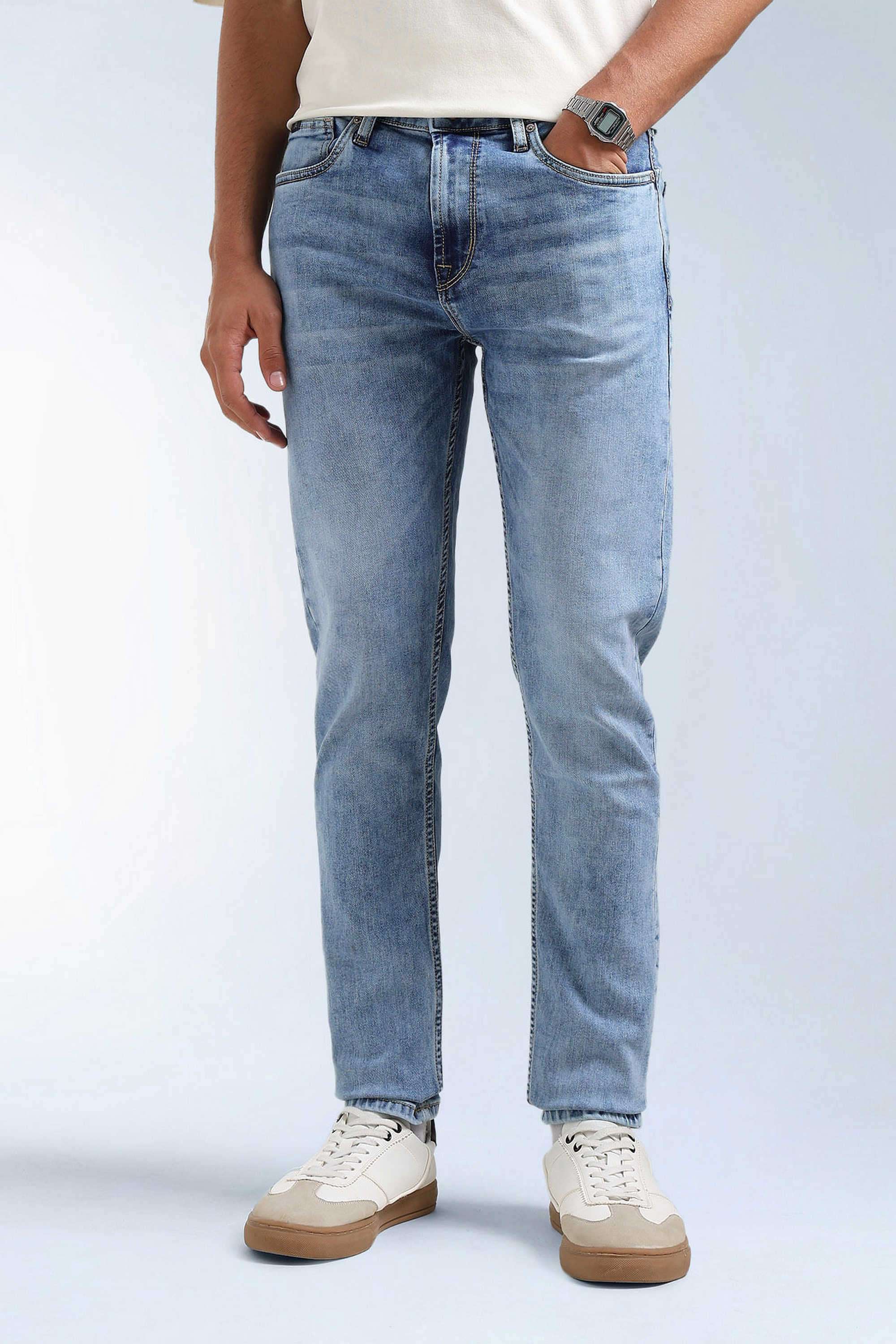 Solid-Polyester-Blend-Tapered-Fit-Men-s-Jeans