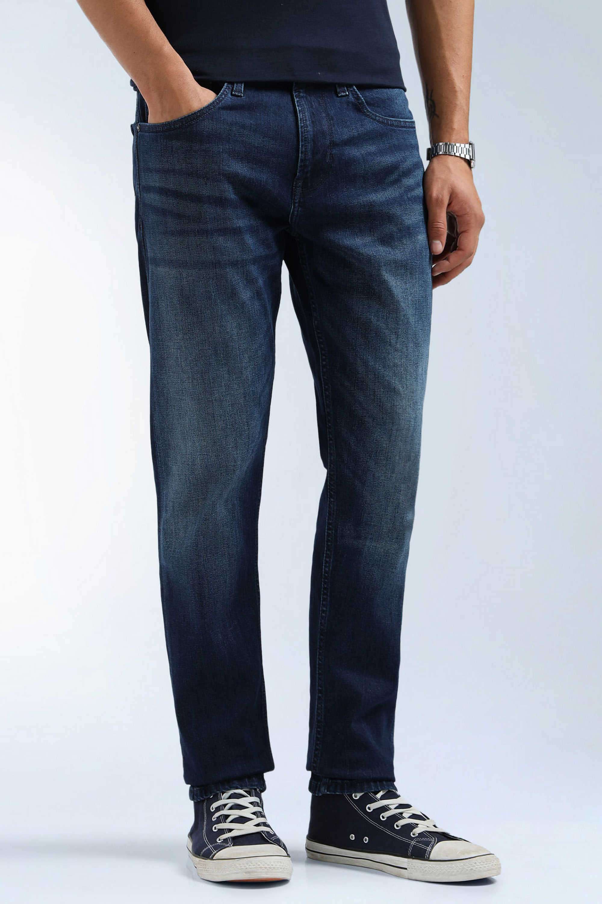 Solid-Cotton-Blend-Tapered-Fit-Men-s-Jeans