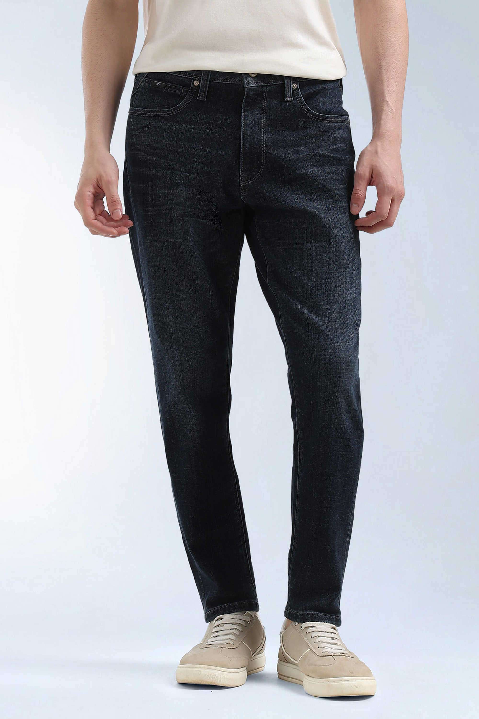 Solid-Polyester-Cotton-Tapered-Fit-Men-s-Jeans