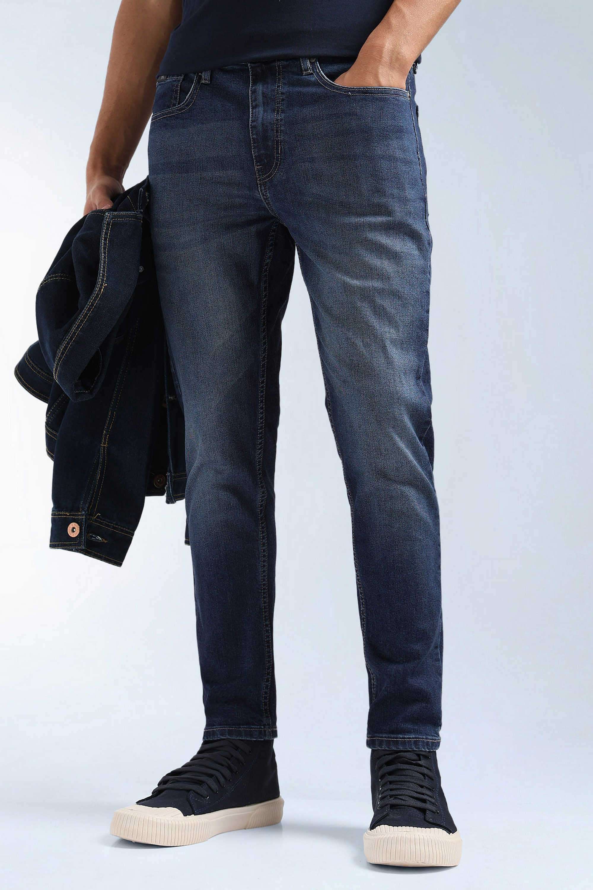 Solid-Cotton-Blend-Tapered-Fit-Men-s-Jeans