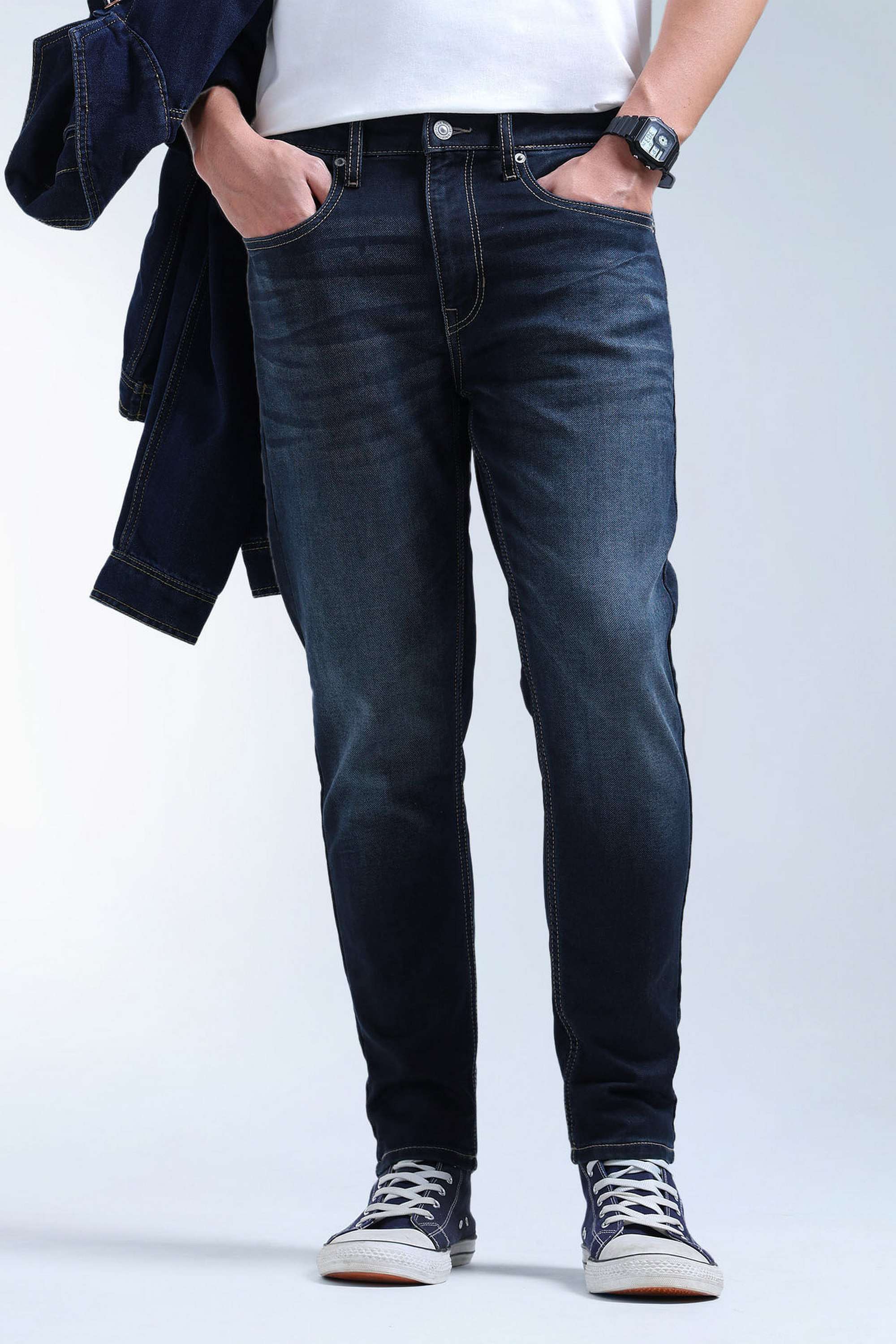 Solid-Cotton-Blend-Tapered-Fit-Men-s-Jeans