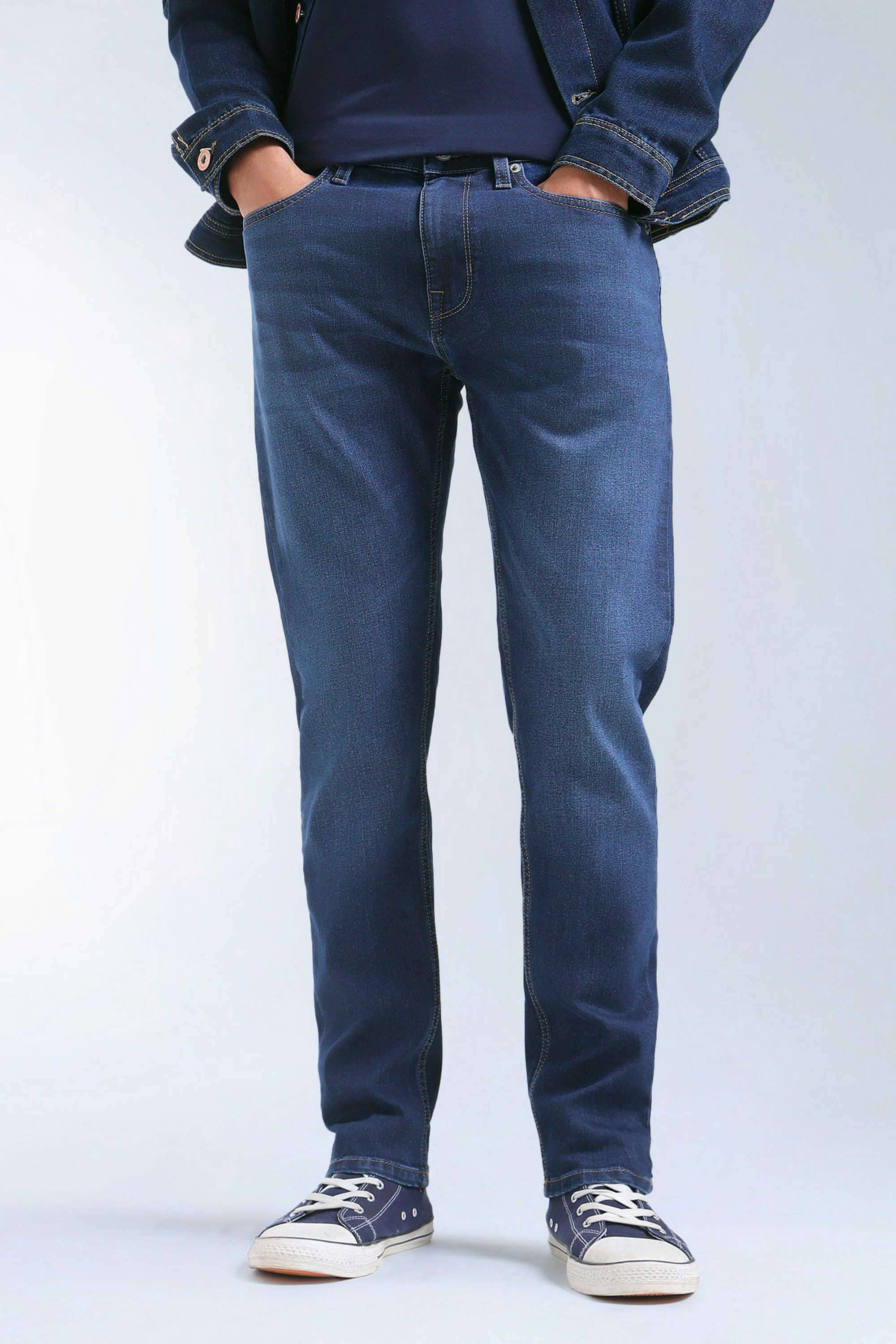 Solid-Polyester-Blend-Tapered-Fit-Men-s-Jeans