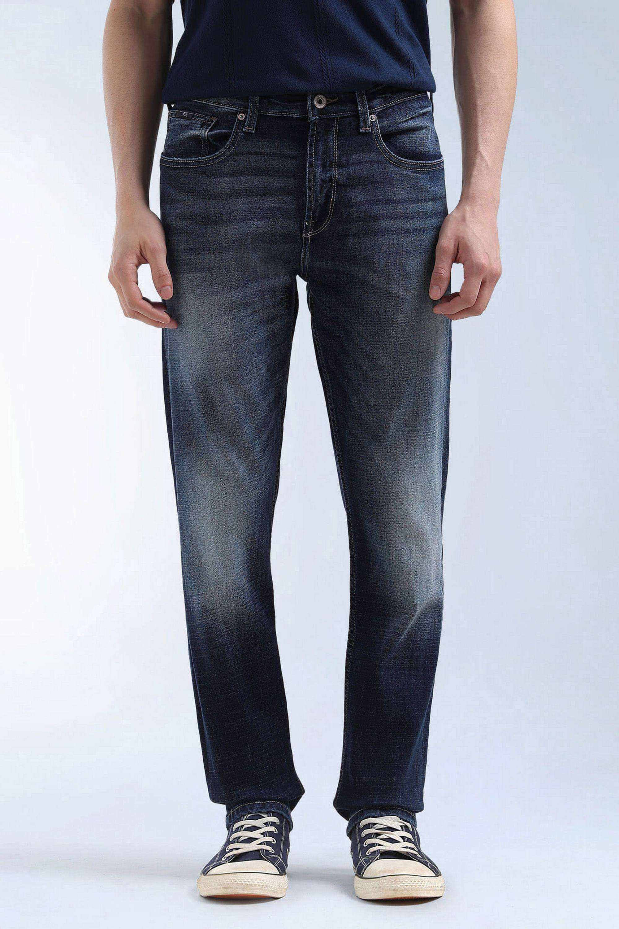 Solid-Polyester-Cotton-Tapered-Fit-Men-s-Jeans