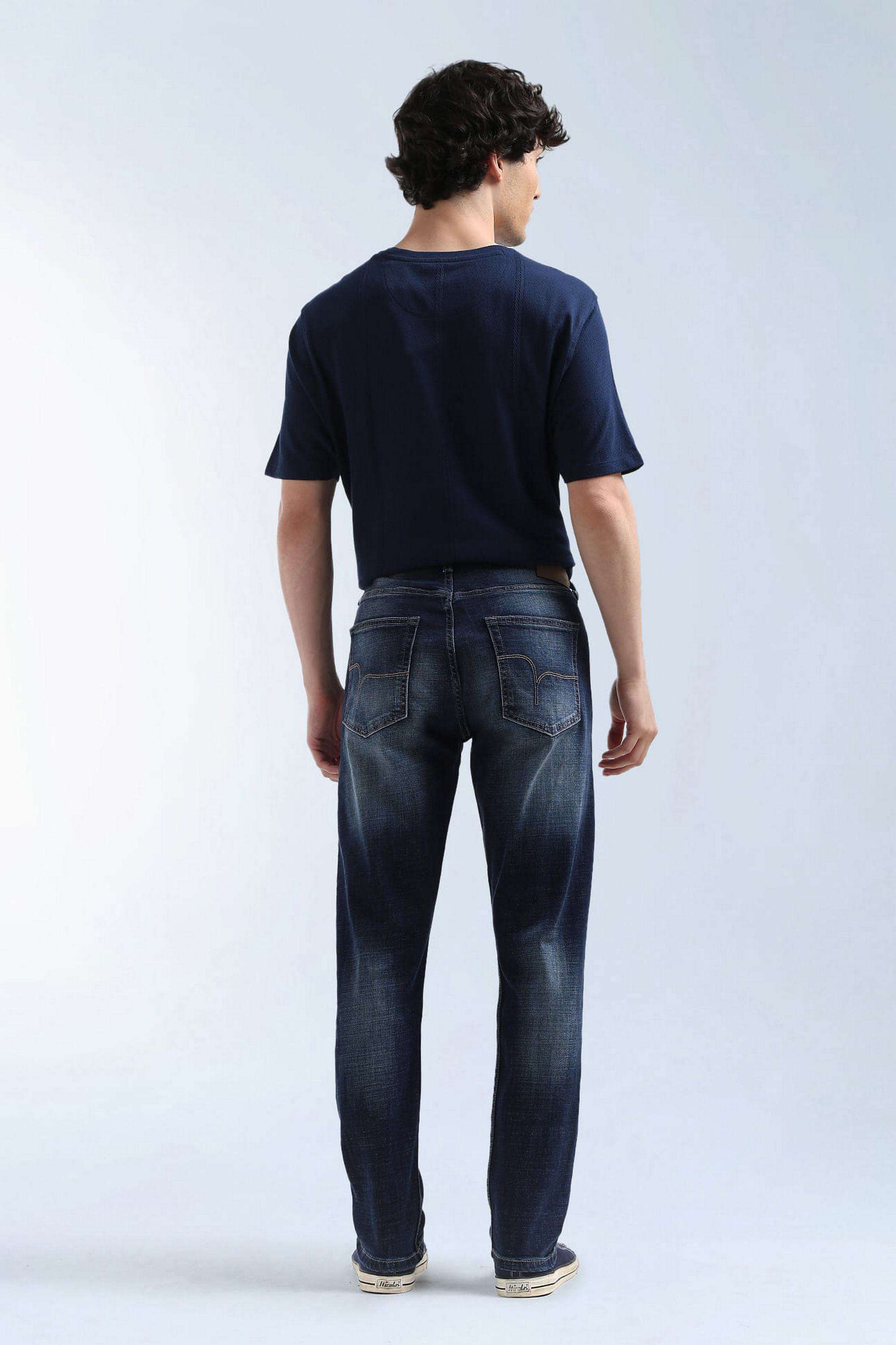 Solid-Polyester-Cotton-Tapered-Fit-Men-s-Jeans