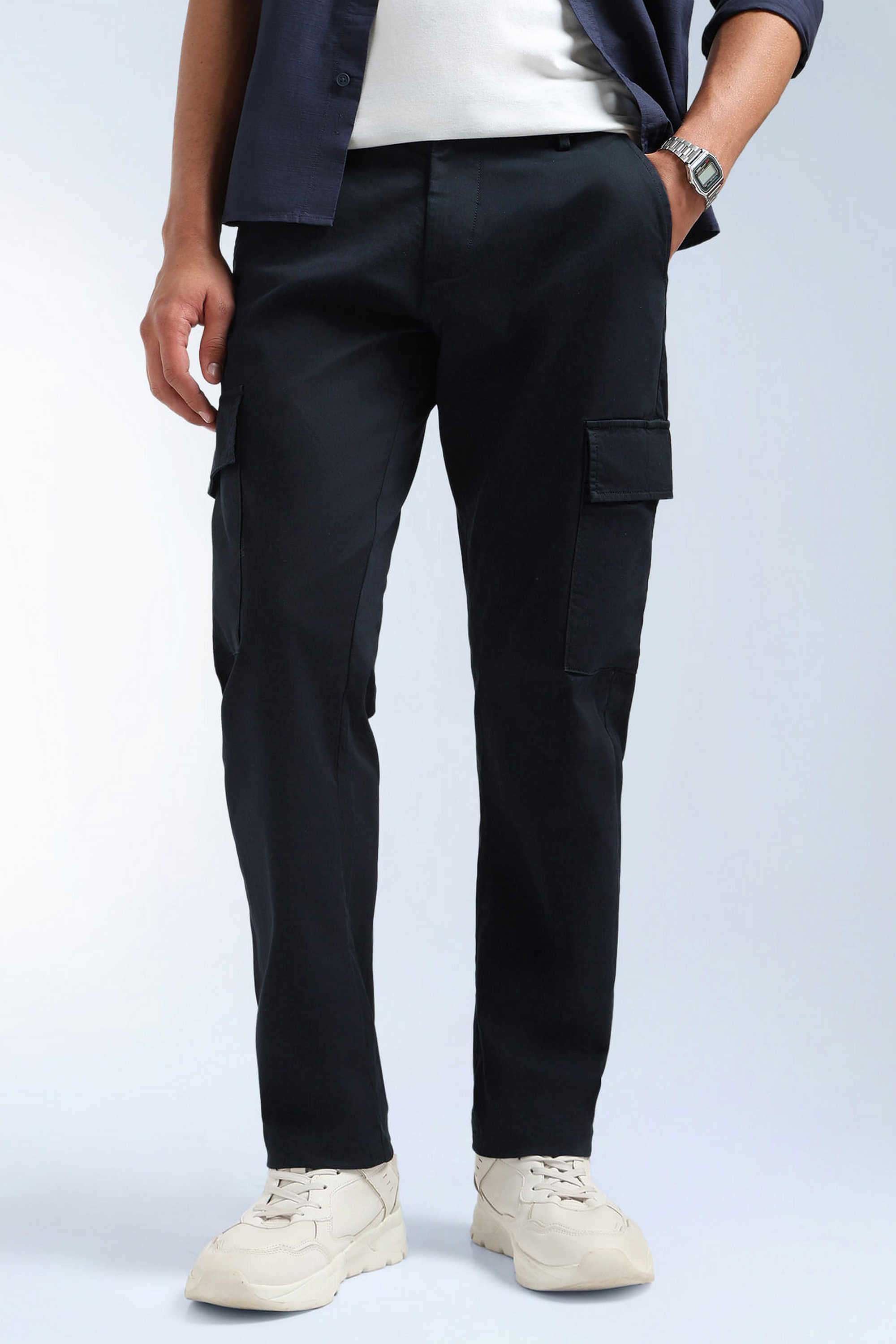 Solid-Cotton-Blend-Tapered-Fit-Men-s-Casual-Trousers