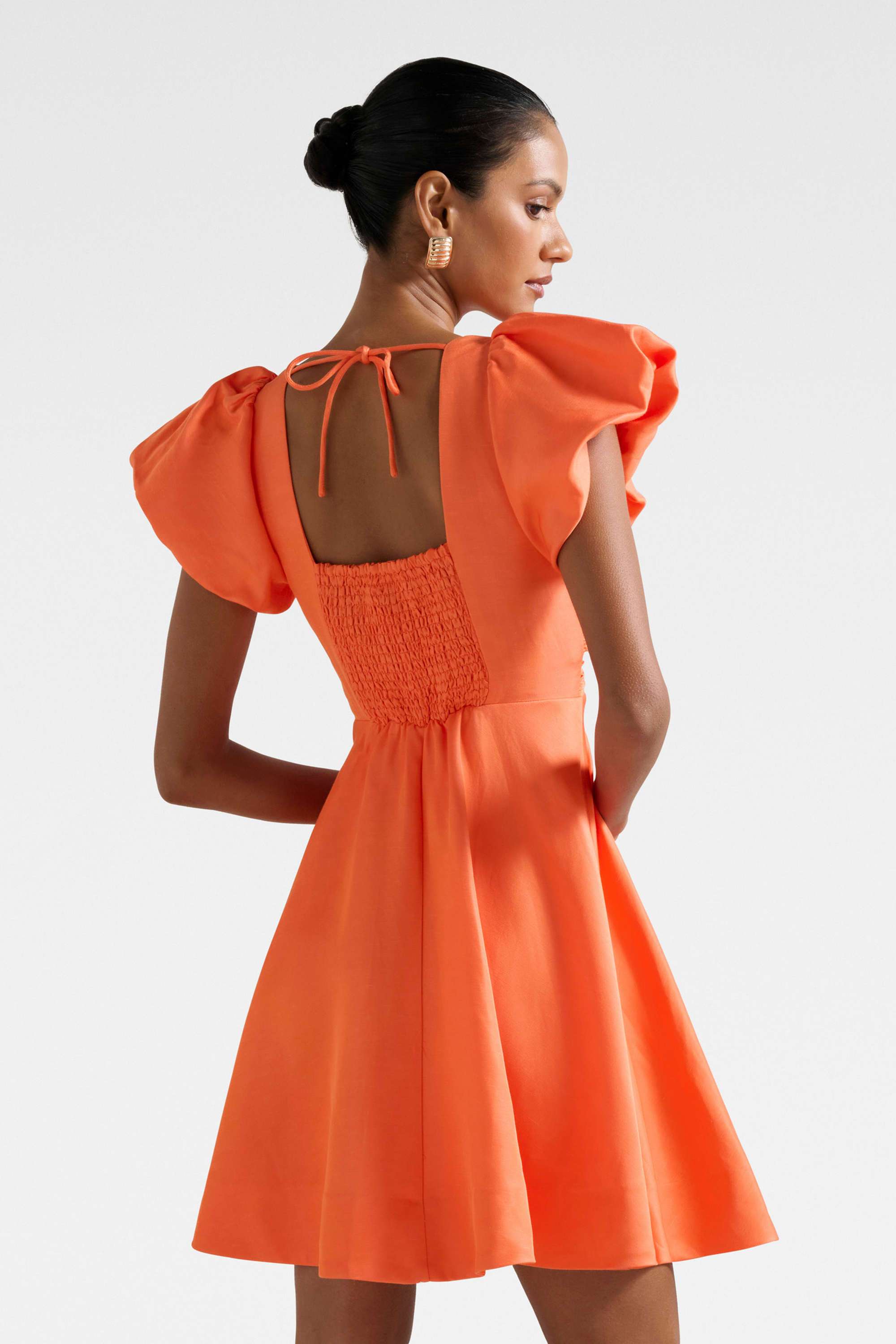 Buy Forever New orange Solid June Petite Ruched V Neck Mini Dress