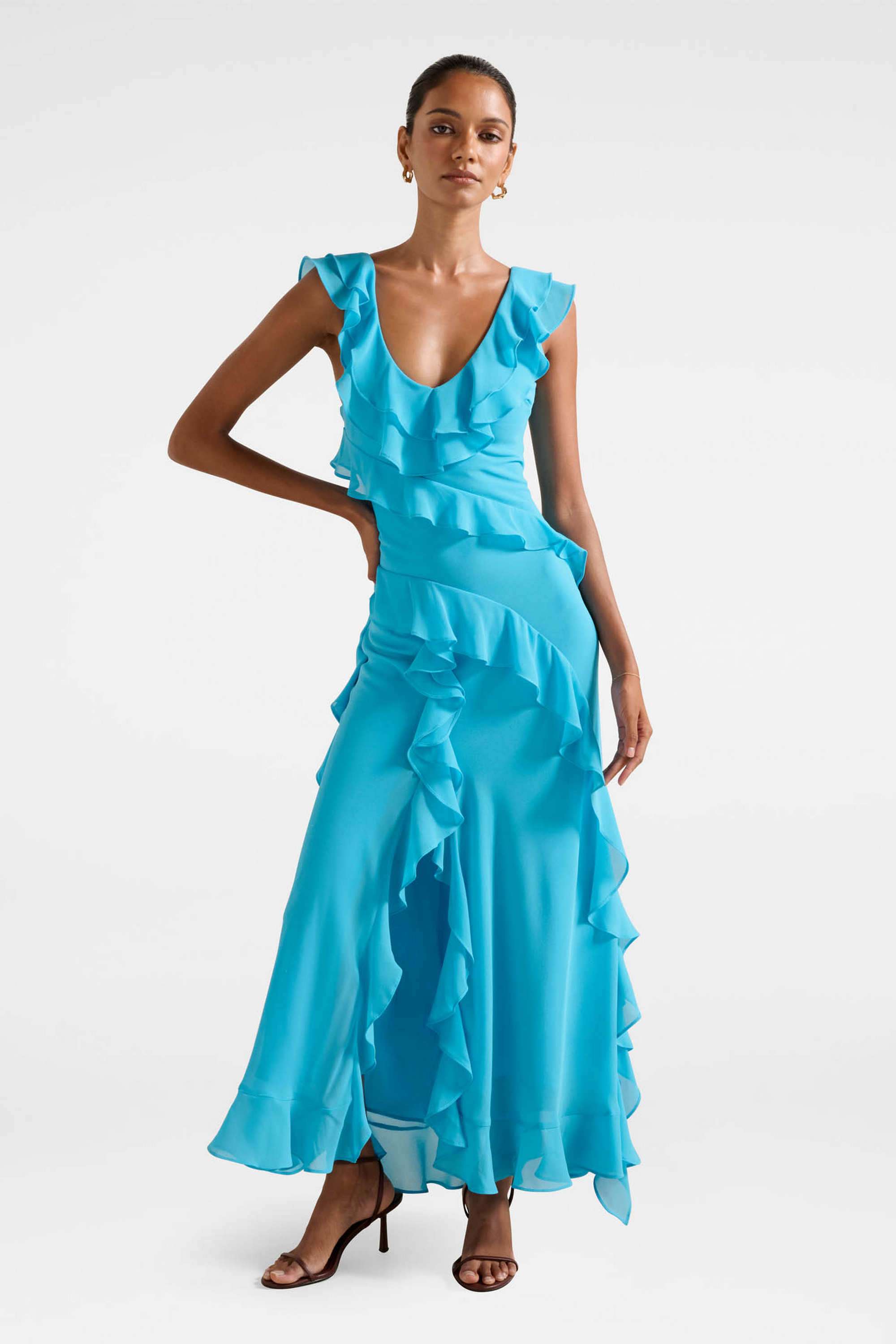 Solid-V-Neck-Polyester-Women-s-Dress