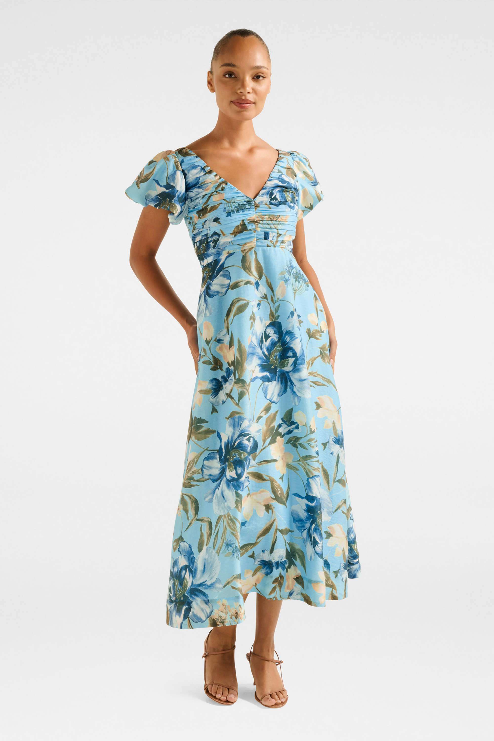 Floral-Blended-Fabric-V-Neck-Women-s-June-Ruched-Midi-Dress