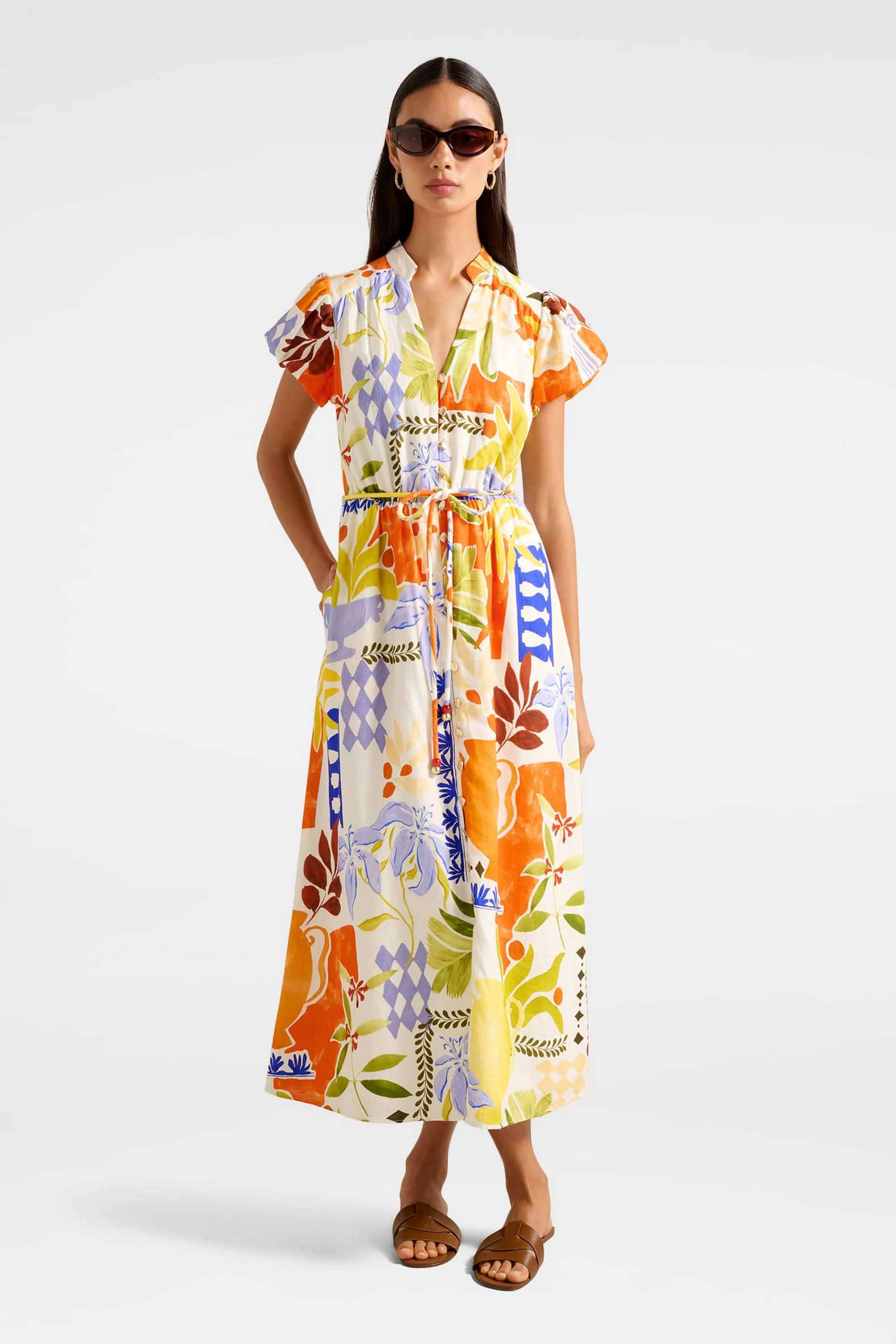 Abstract-V-Neck-Blended-Fabric-Women-s-Dress