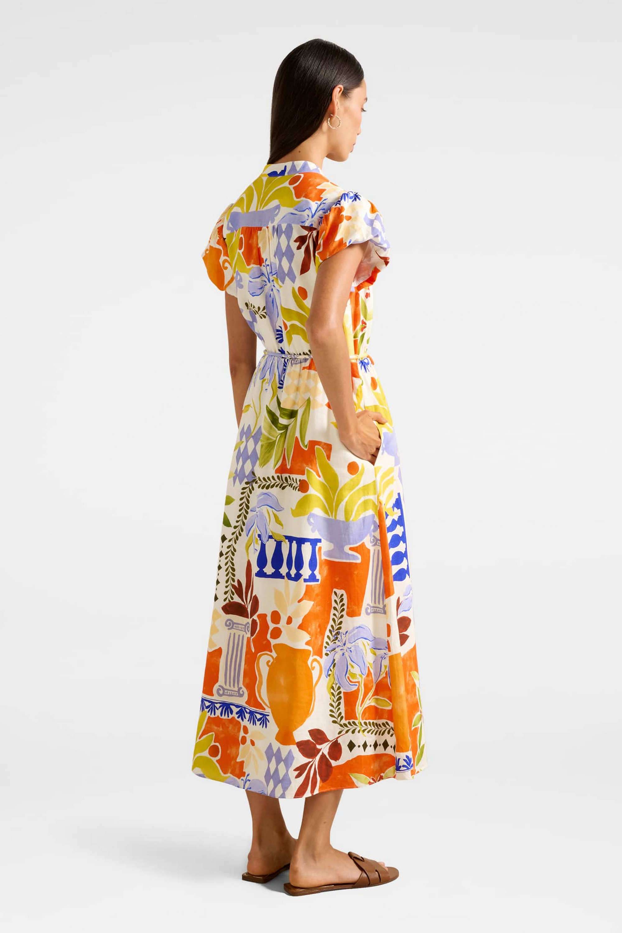 Floral-Blended-Fabric-V-Neck-Women-s-Posie-Puff-Sleeve-Midi-Dress