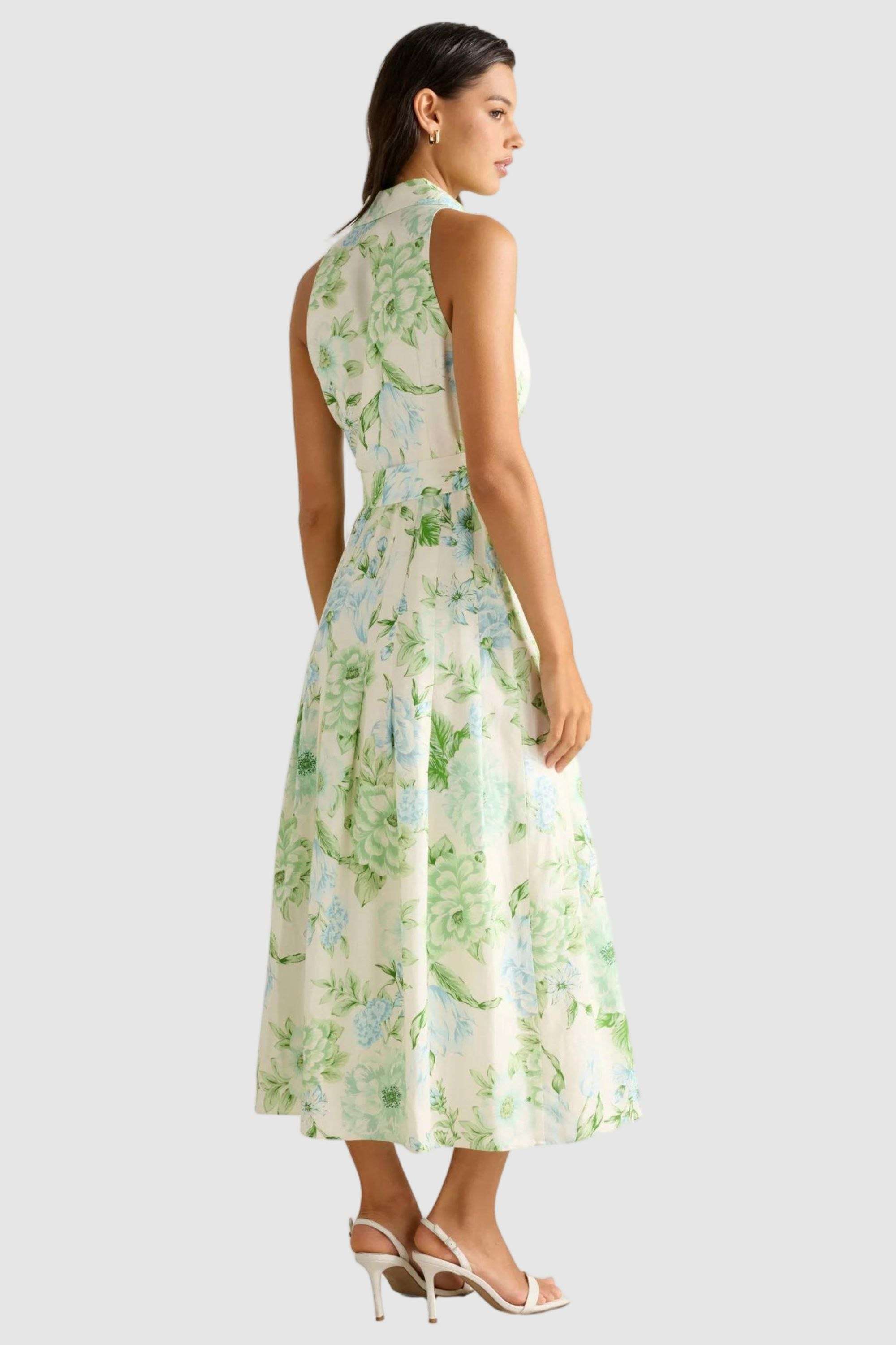 Floral-Collared-Blended-Fabric-Women-Dress-with-Belt