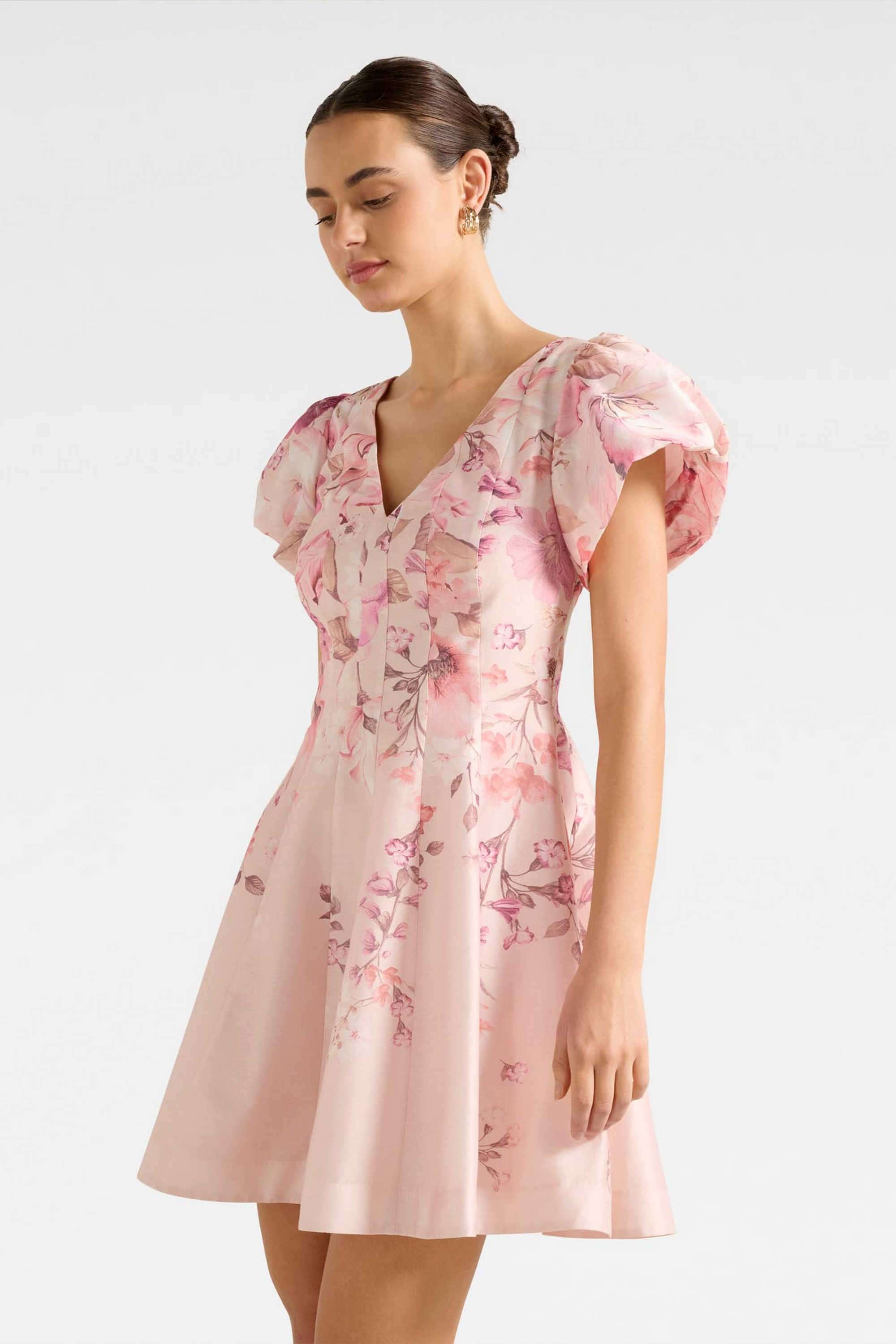 forever new pink floral dress Forever New scoop neck puff sleeve panelled seam midi dress in white and pink floral
